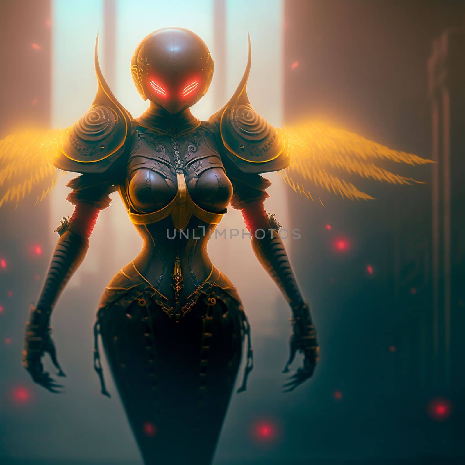 Mysterious cyborg woman with golden wings. High quality photo