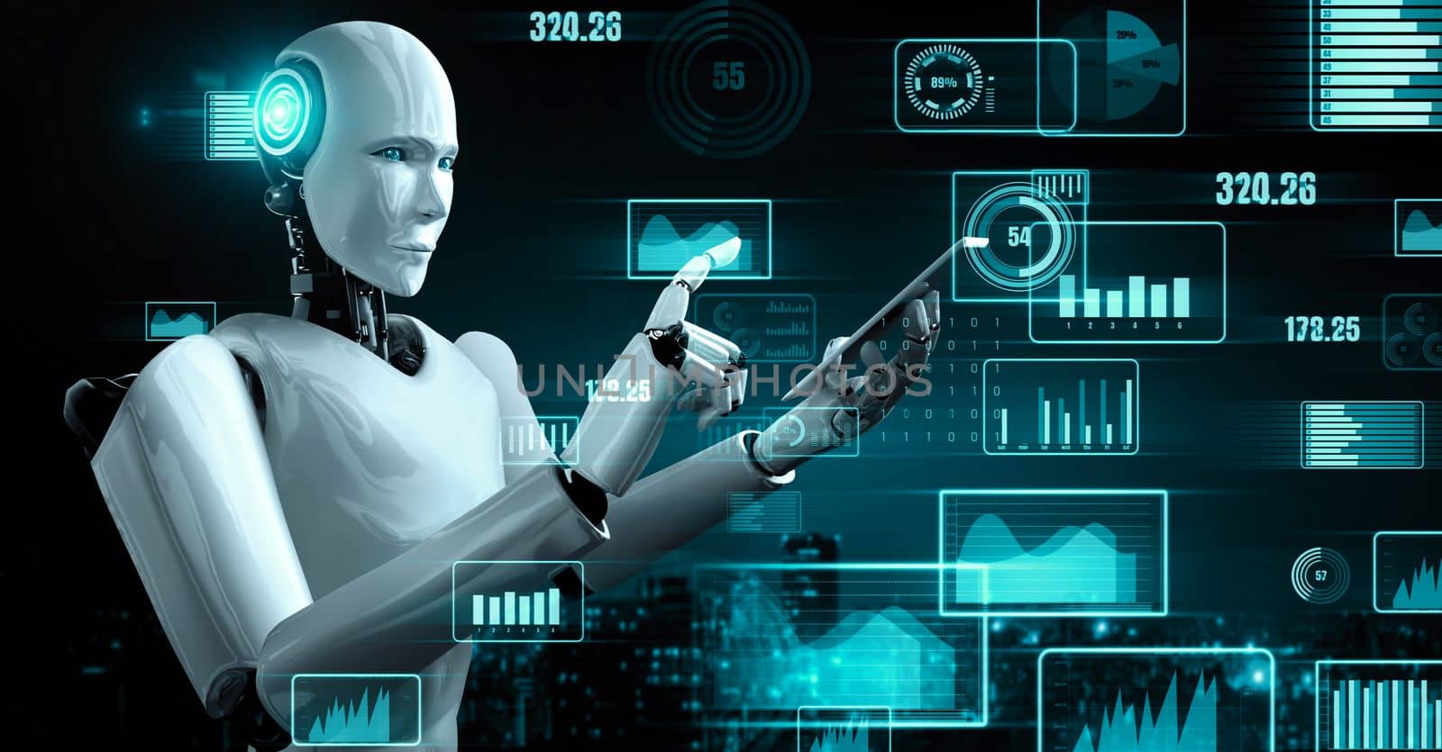 Future financial technology controll by AI robot huminoid uses machine learning by biancoblue