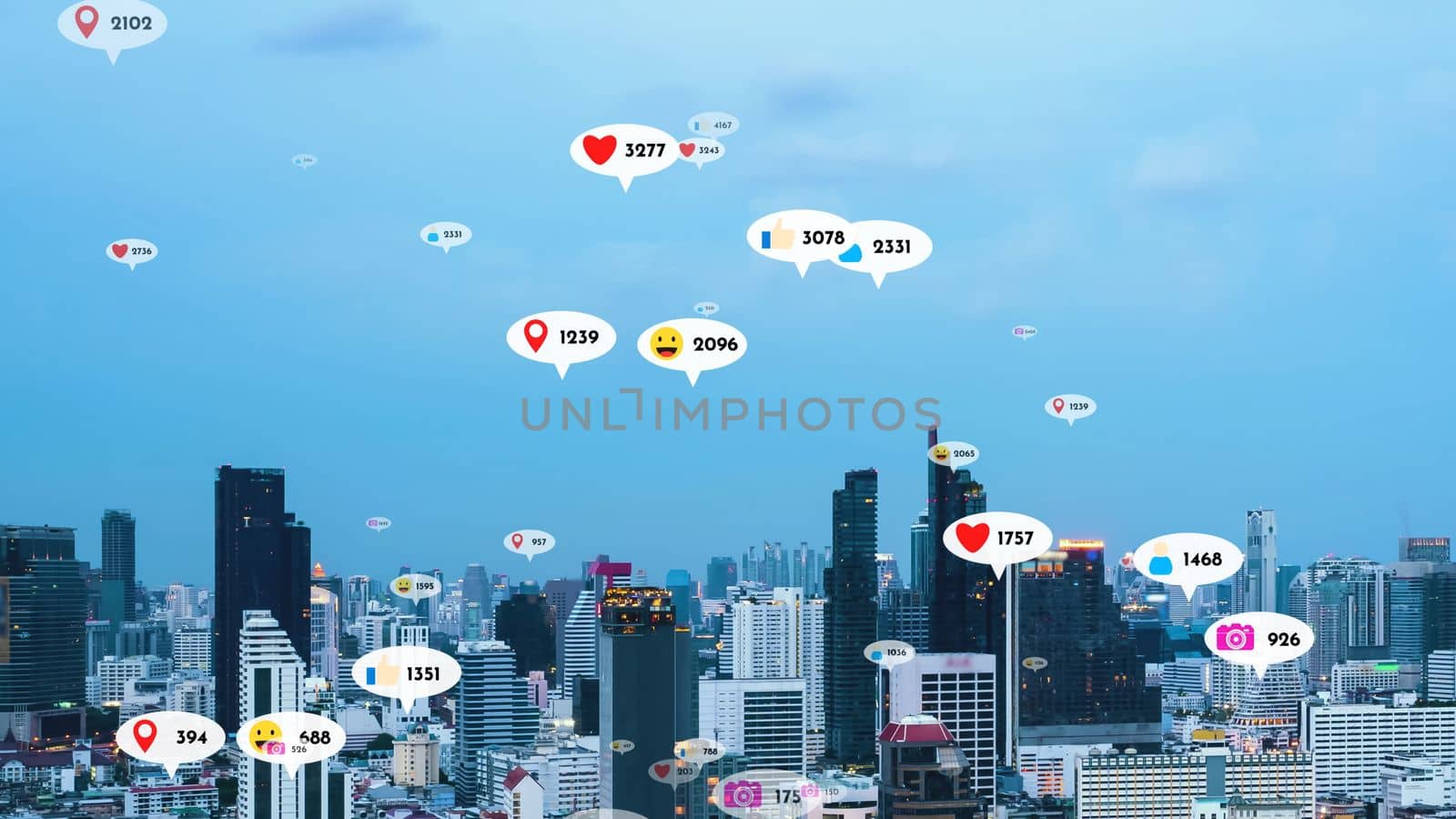 Social media icons fly over city downtown showing people reciprocity connection through social network application platform . Concept for online community and social media marketing strategy .