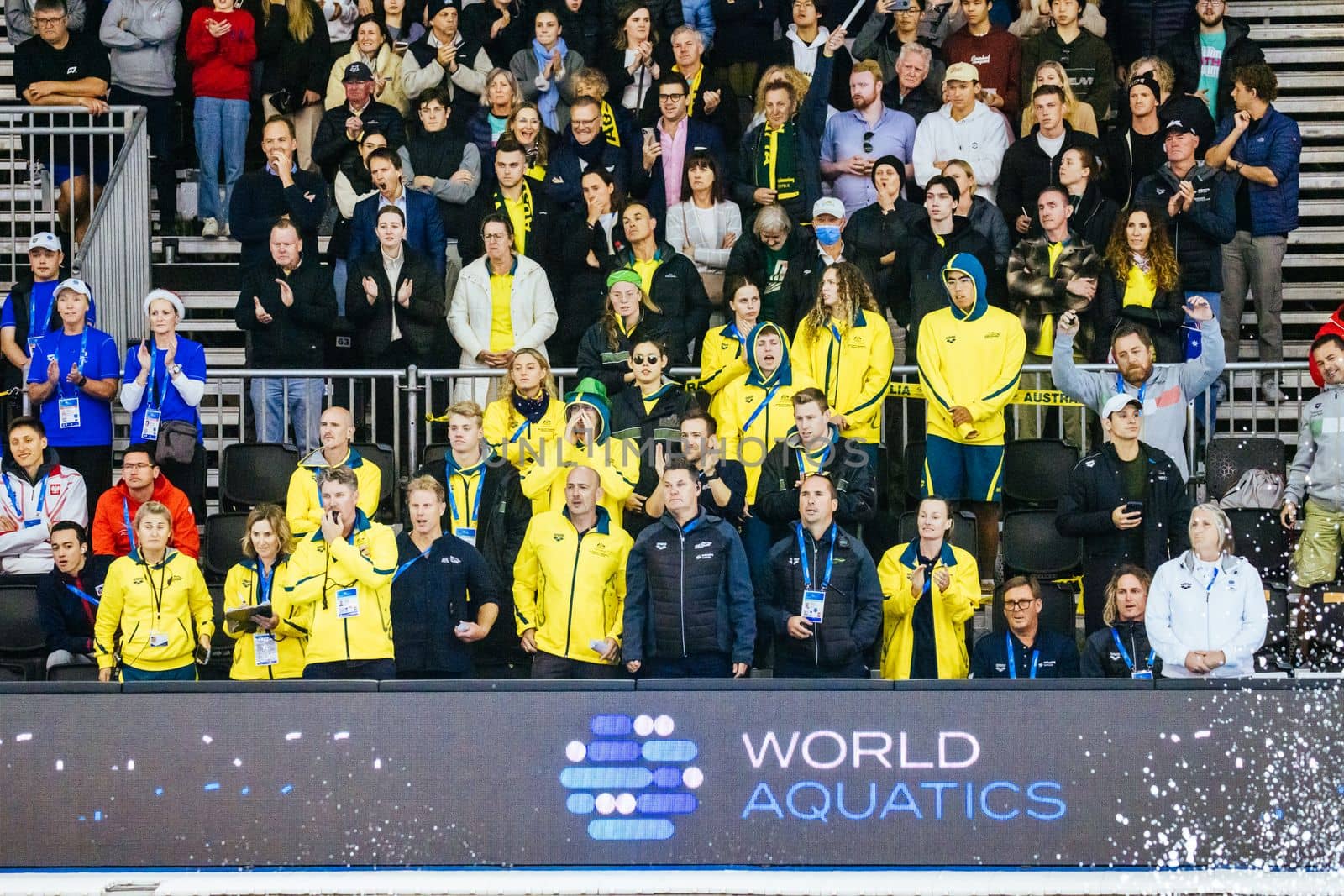 MELBOURNE, AUSTRALIA - DECEMBER 16: Australian team and fans on day four of the 2022 FINA World Short Course Swimming Championships at Melbourne Sports and Aquatic Centre on December 16, 2022 in Melbourne, Australia