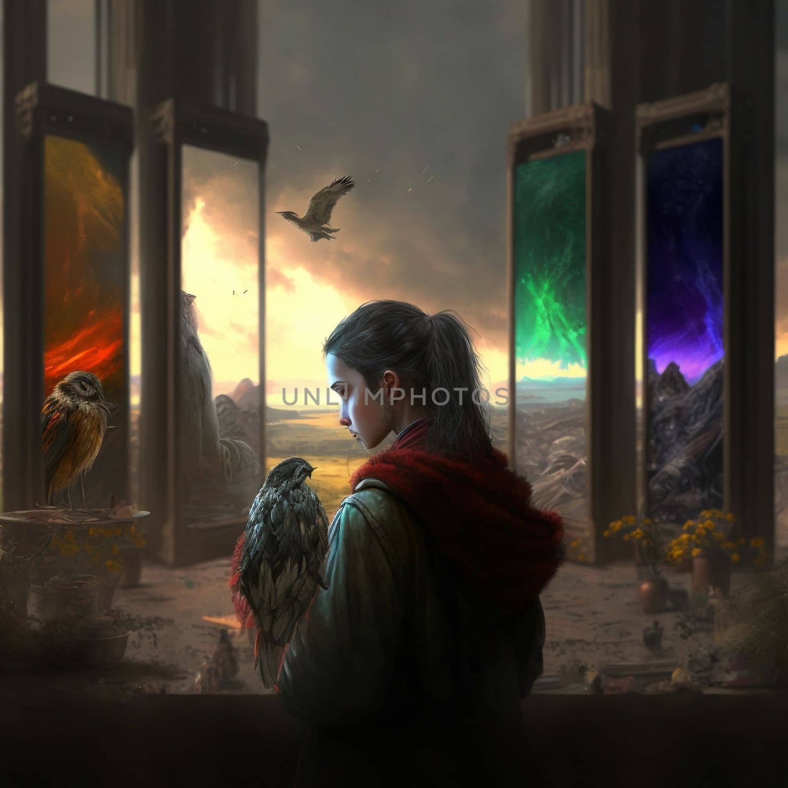 a girl with her bird staying between worlds stands in front of portals to other worlds by NeuroSky