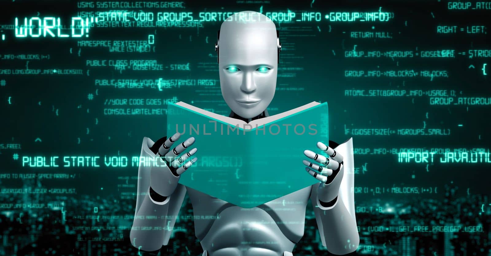 Futuristic robot artificial intelligence huminoid AI programming coding technology development and machine learning concept. Robotic bionic science research for future of human life. 3D rendering.