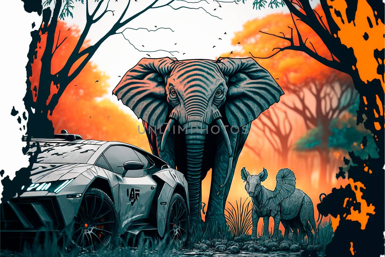 Wildlife in the modern world. Elephant and sports car. Africa in the city. Spilled paints on a gray background. High quality illustration