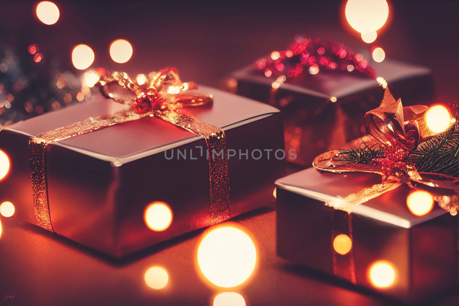 Many gift boxes for merry christmas and new year 2023 spectacular celebration with decorative ornate on the gift to be present to family and friends on christmas day. AI generated image.