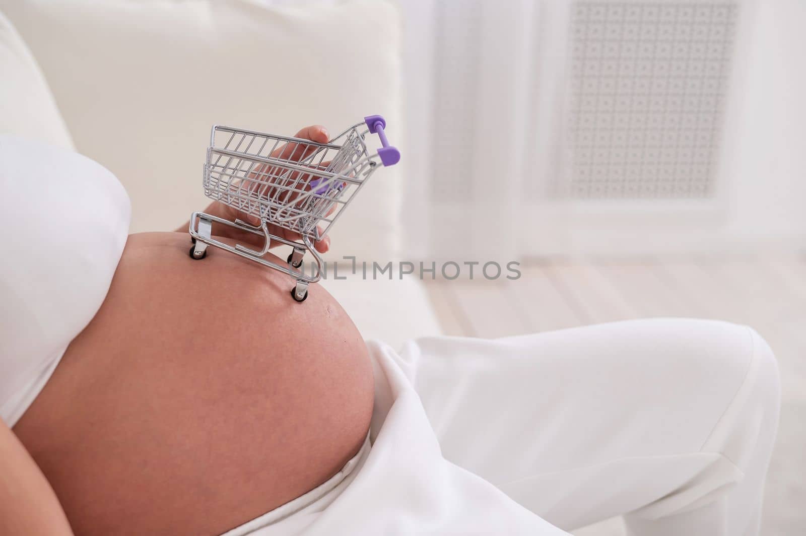 Faceless pregnant woman holding a shopping cart on her belly. by mrwed54