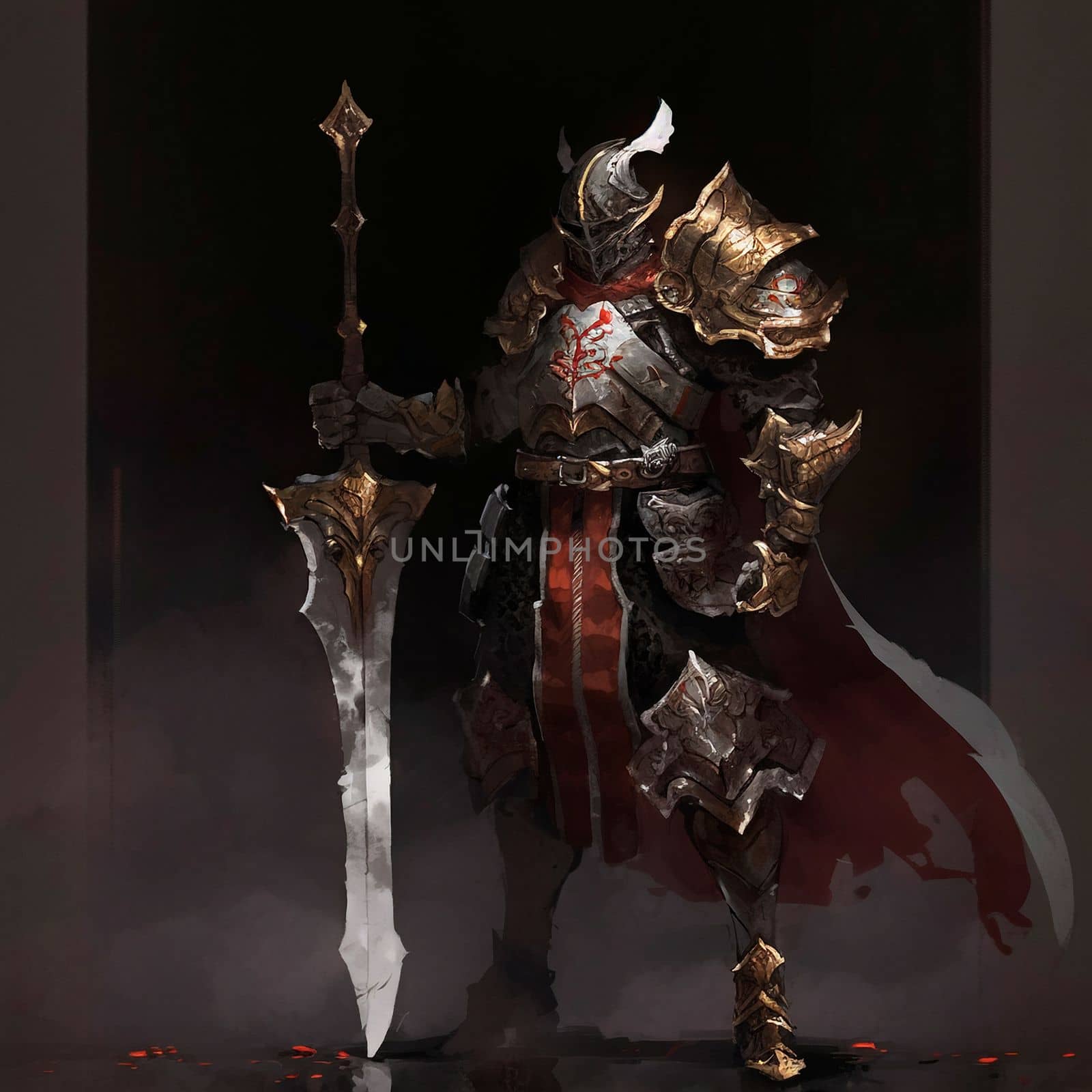 A stern knight in heavy armor in the style of fantasy. High quality illustration