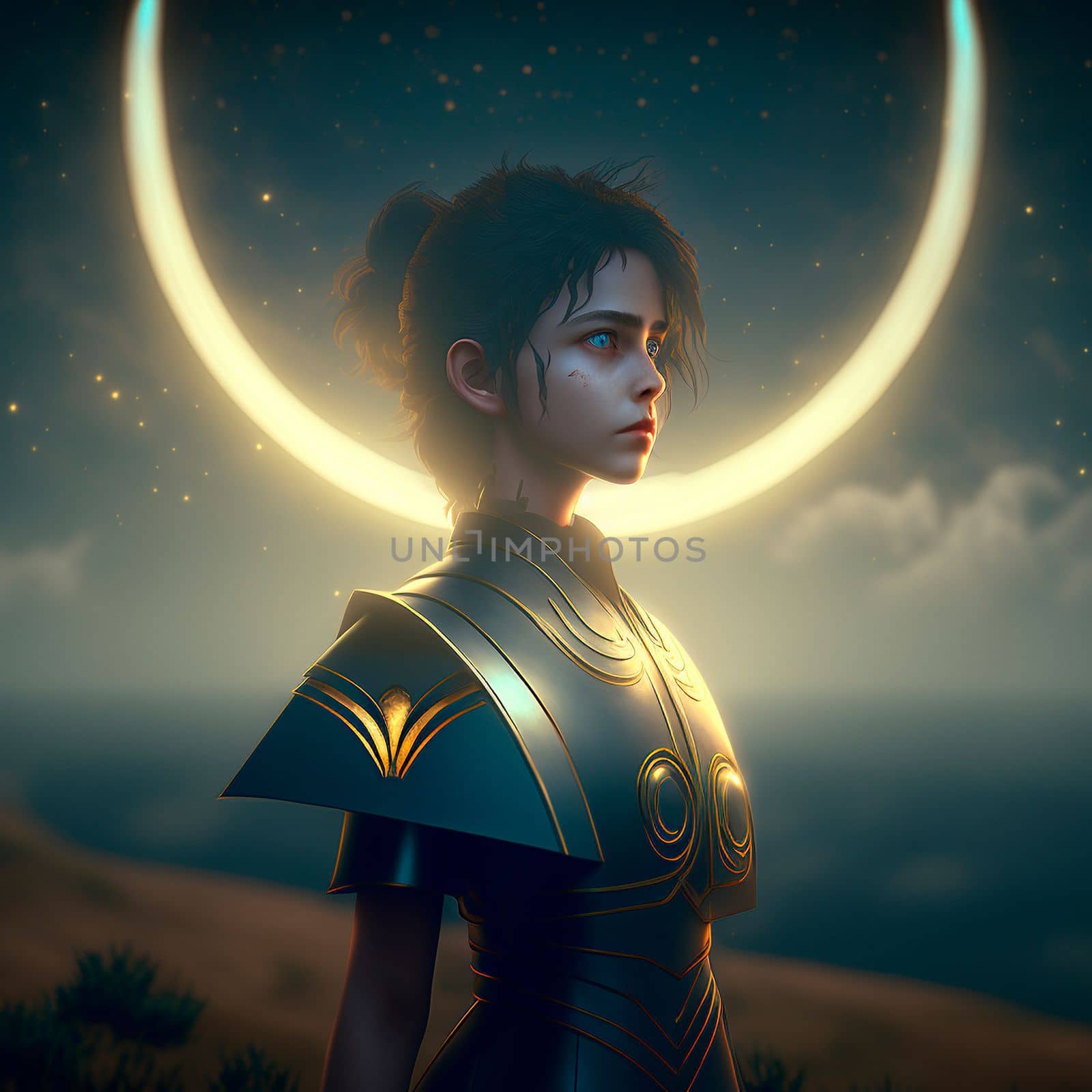 Mysterious girl on the background of the eclipse. High quality illustration