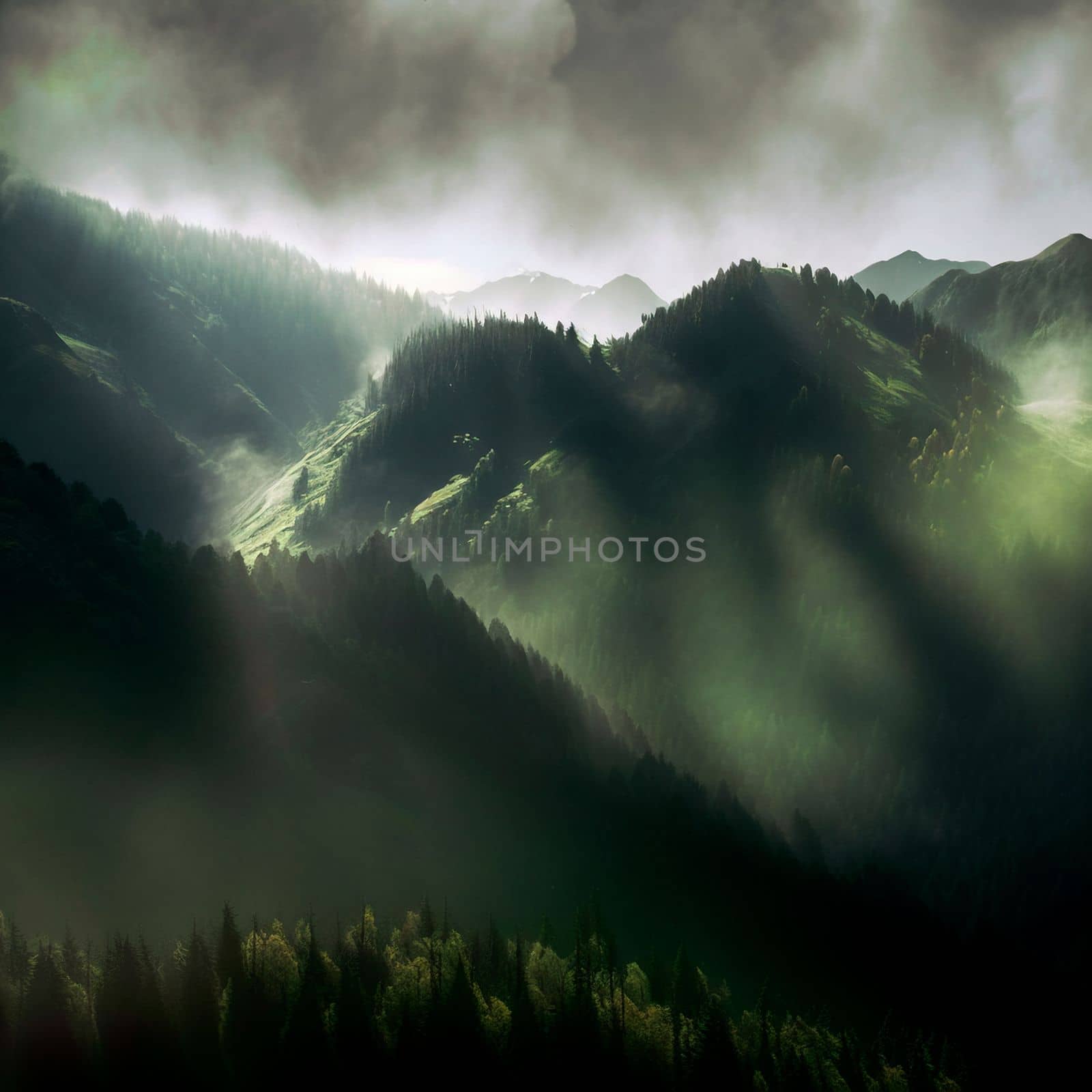 Green mountain range. Landscape of misty mountains. High quality illustration