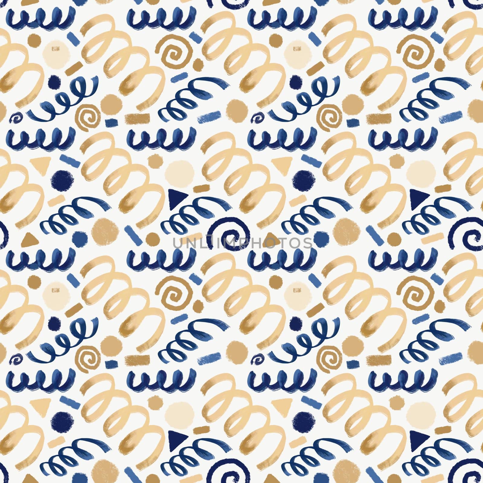 Festive seamless pattern with gold and blue confetti,swirls, stars. Christmas background for wrapping paper, surface textures, scrapbook