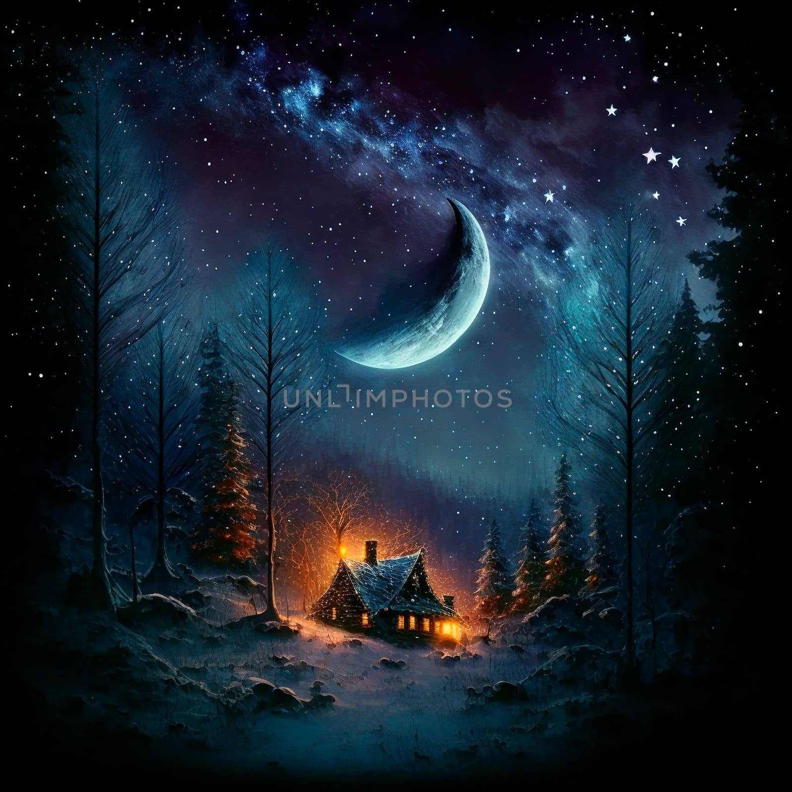 Illustration of a house in a night forest among tall trees in the moonlight. High quality illustration