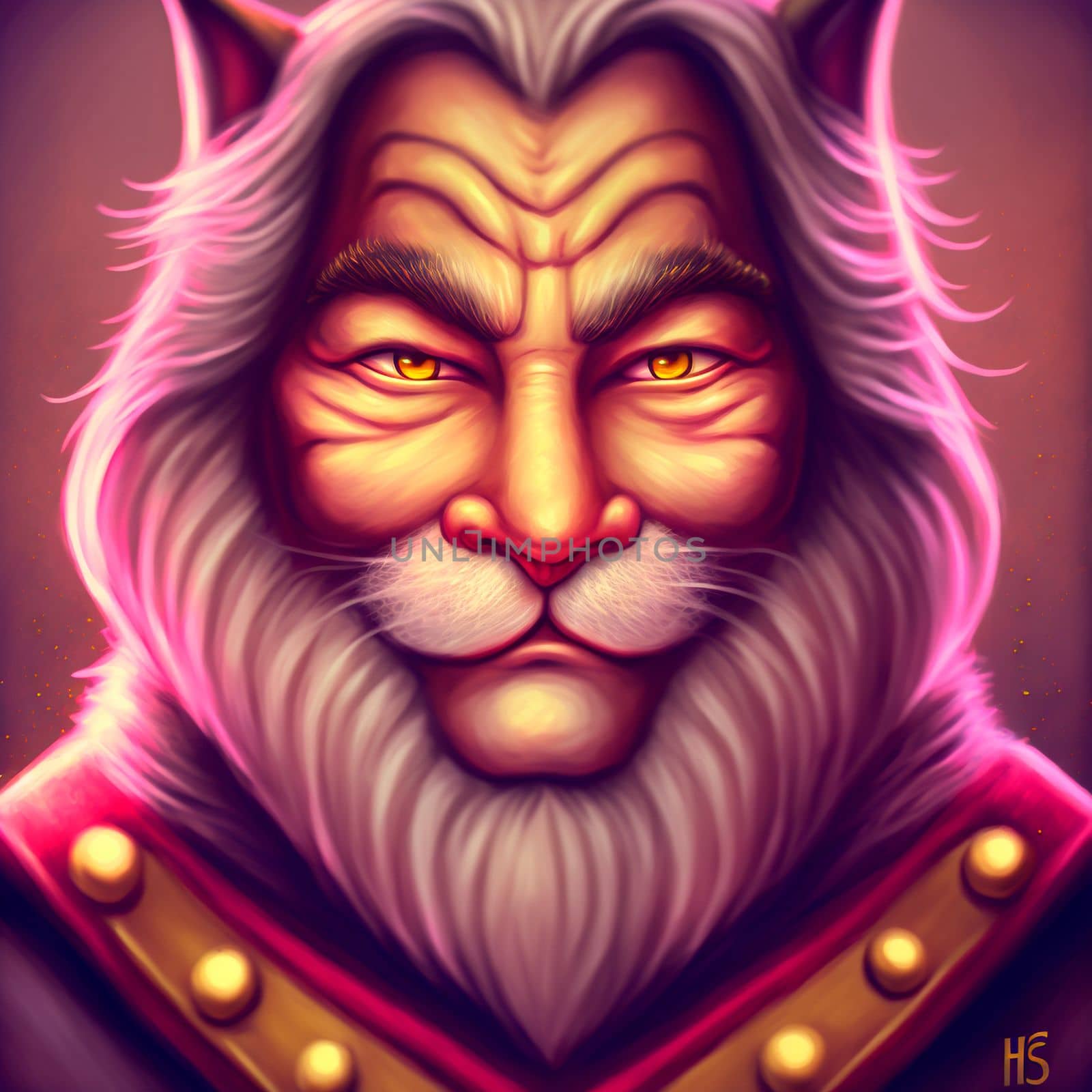 A lion man with a gray beard. High quality illustration