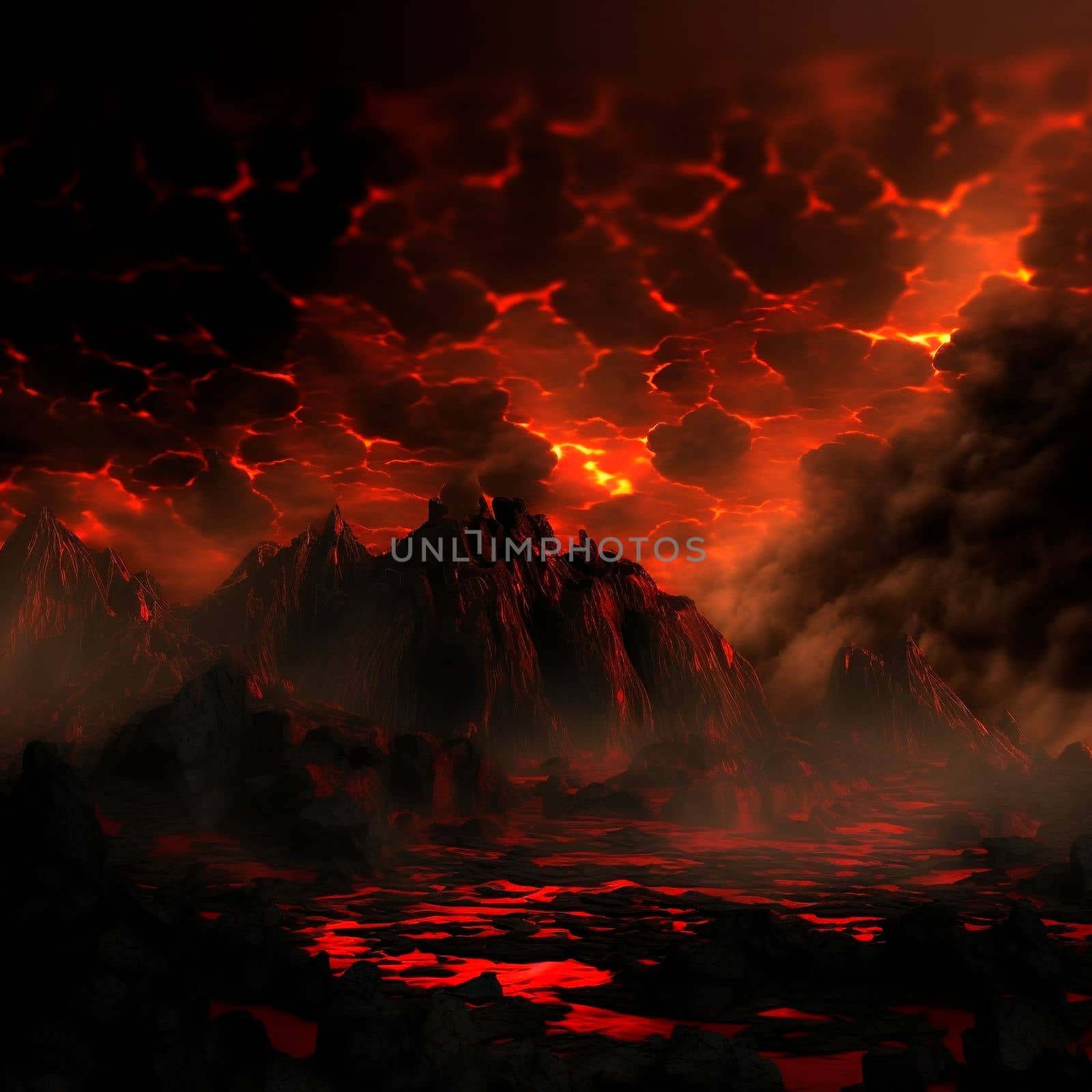 Red mountains, flashes and cracks on the surface. Gloomy sky. Magma and lava spread over the mountains. Lava world collection. High quality illustration