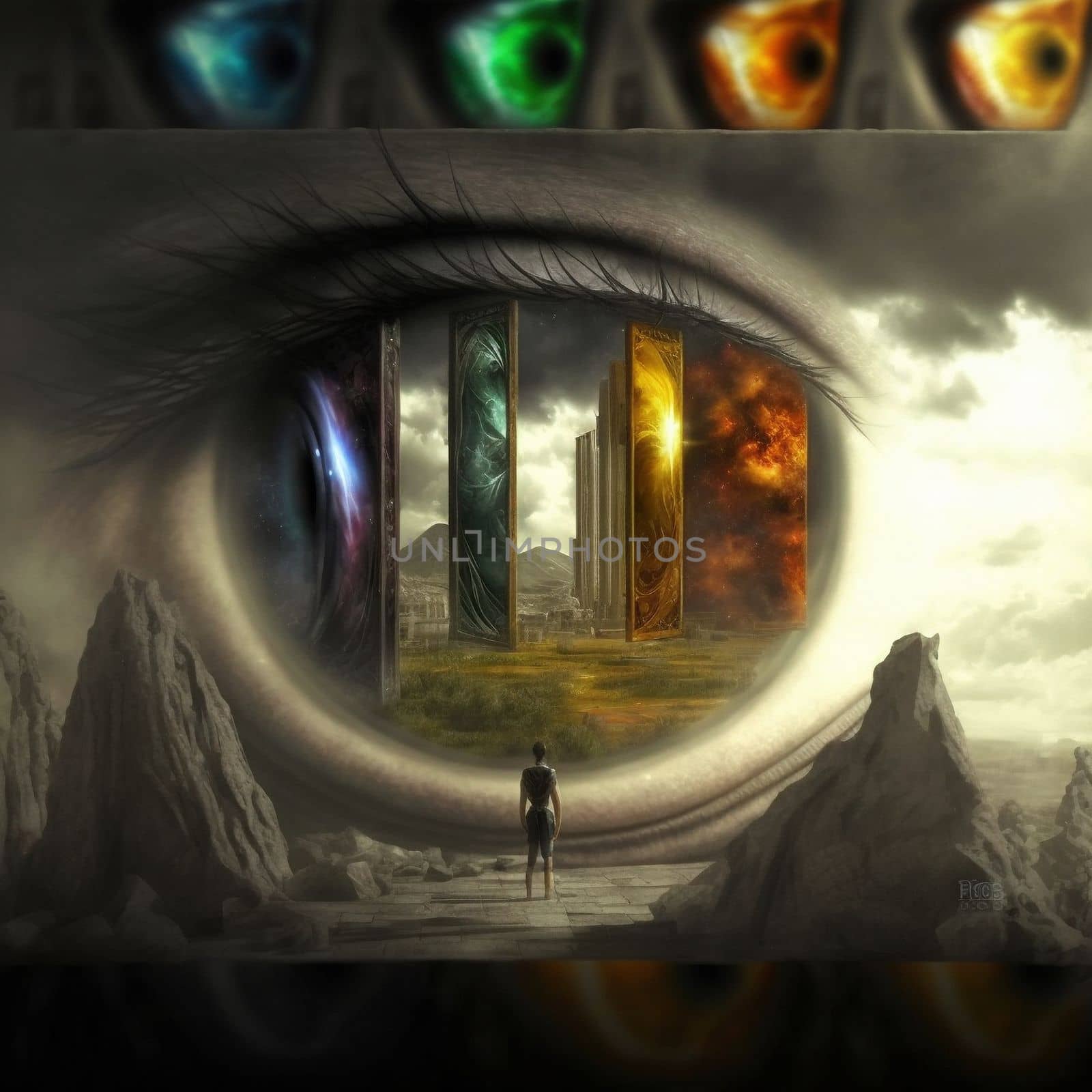 a wanderer between worlds stands in front of portals to other worlds. portal in the form of an eye.High quality illustration