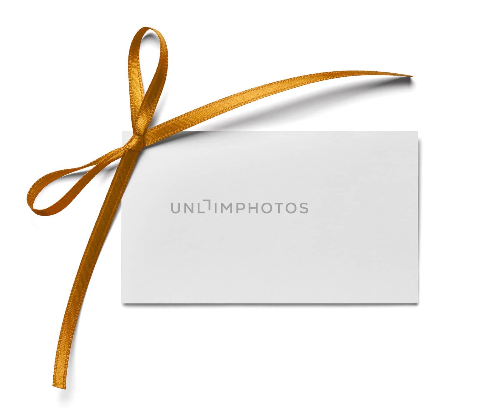 close up of a note card with ribbon bow on white background