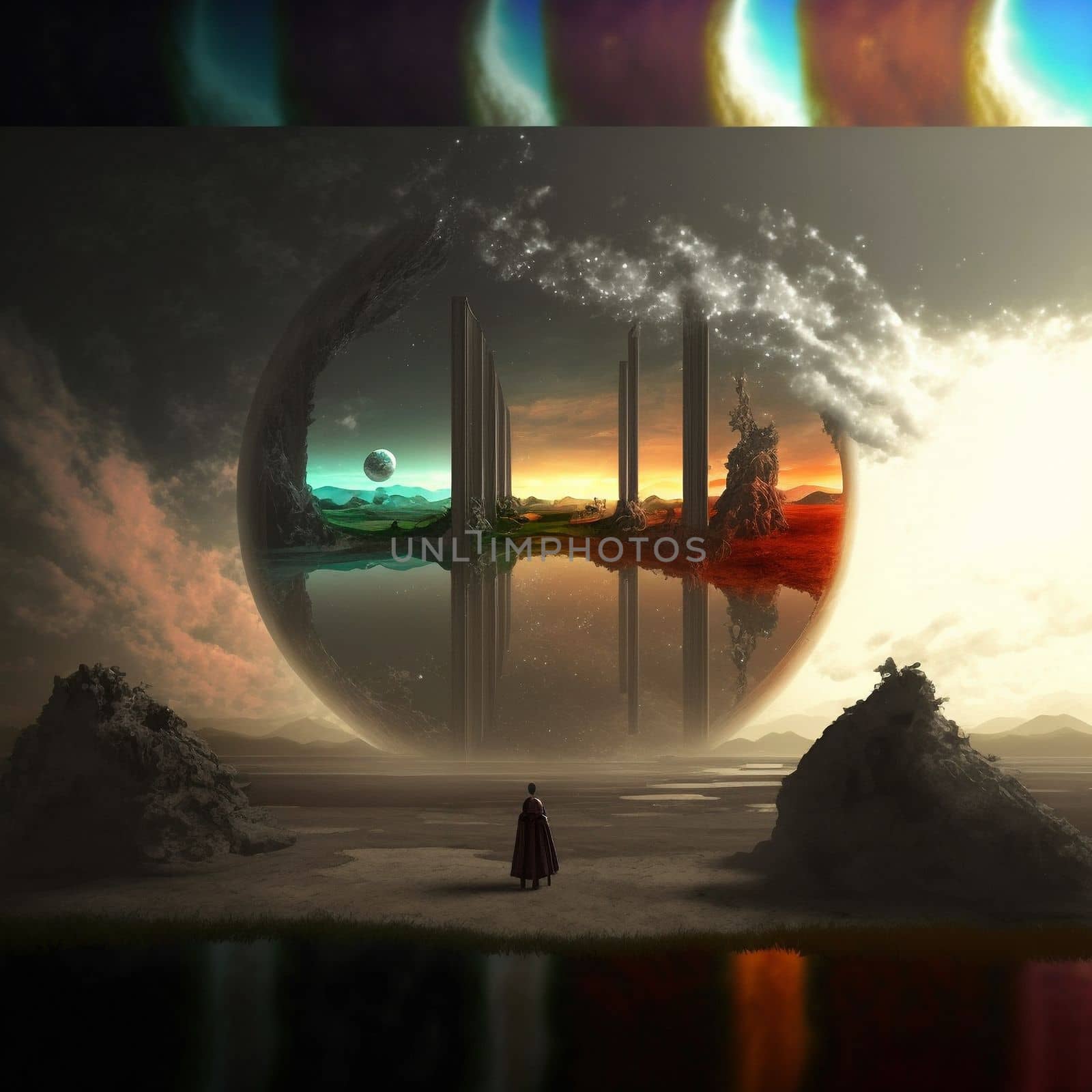 a wanderer between worlds stands in front of portals to other worlds by NeuroSky