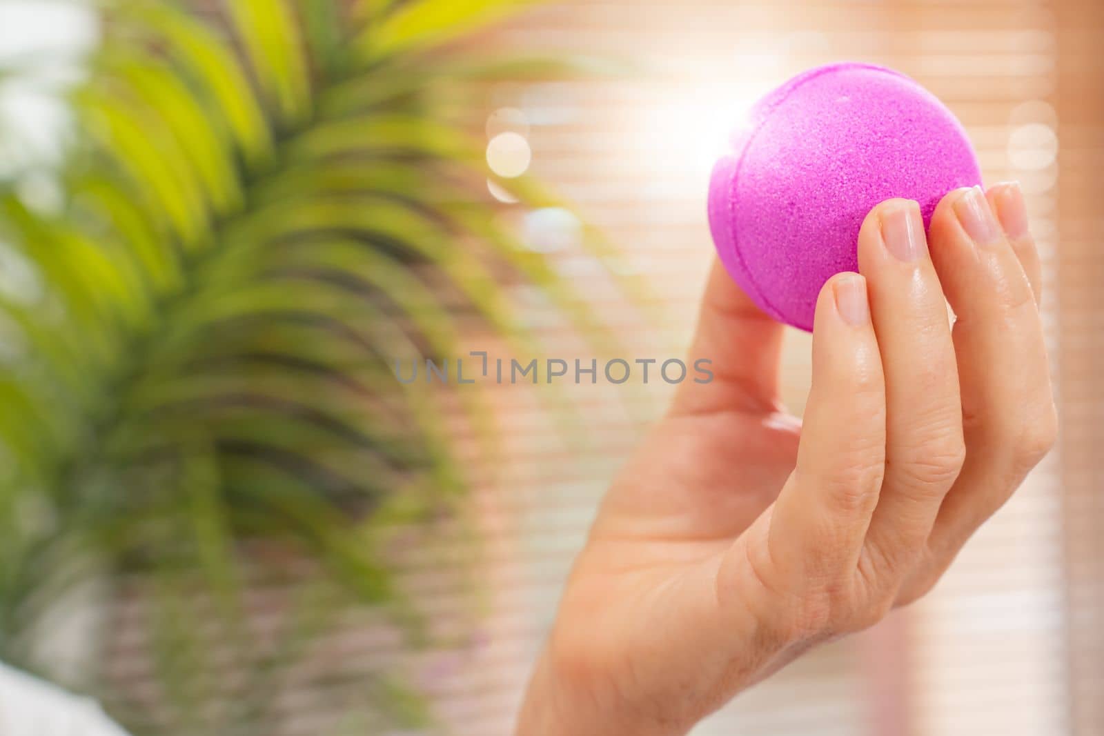 Closeup of a woman's hand holding a pink purple salt and soap ball in front of the window with a sun back light for skin and body care. Wellness and hygiene concept.