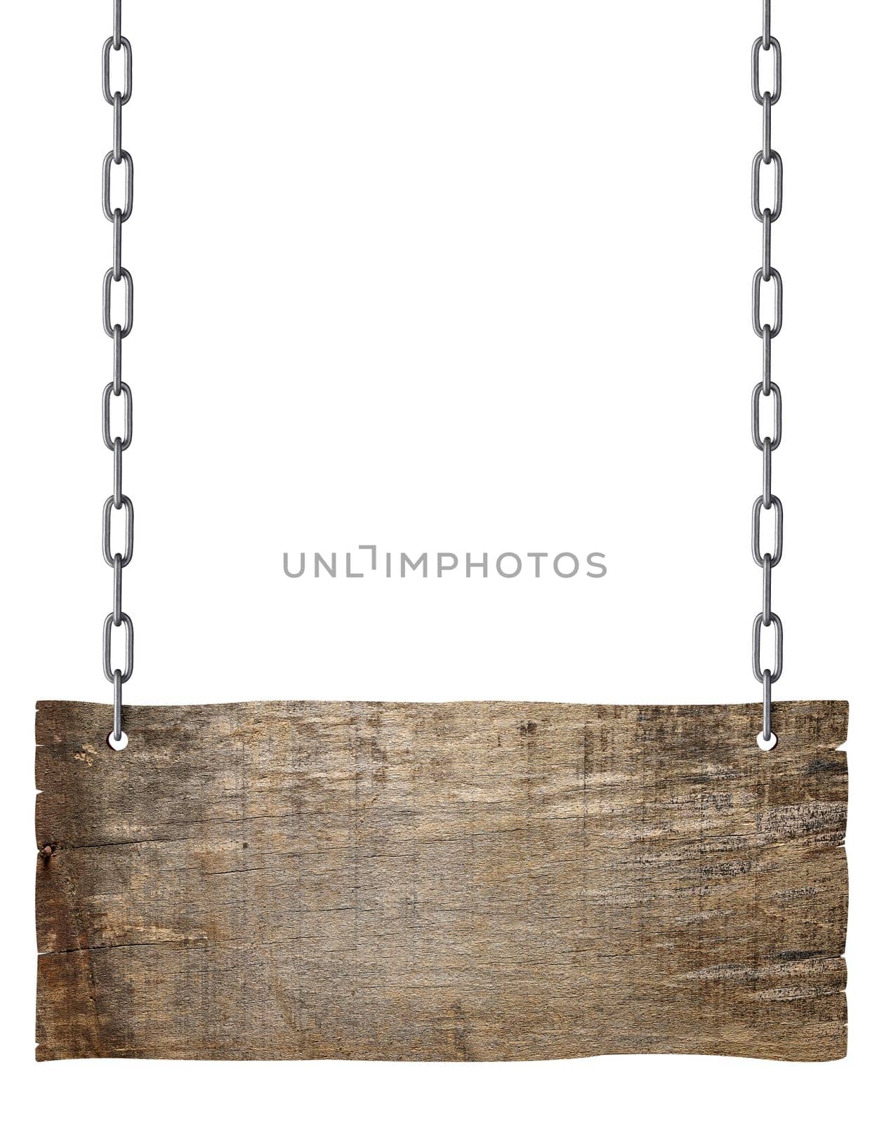 wooden blank sign hanging with chain and rope on white background