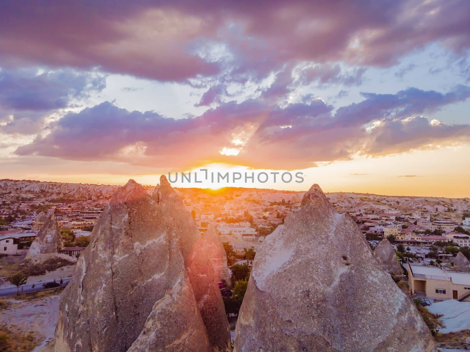 Beautiful stunning view of the mountains of Cappadocia and cave houses. Turkey.