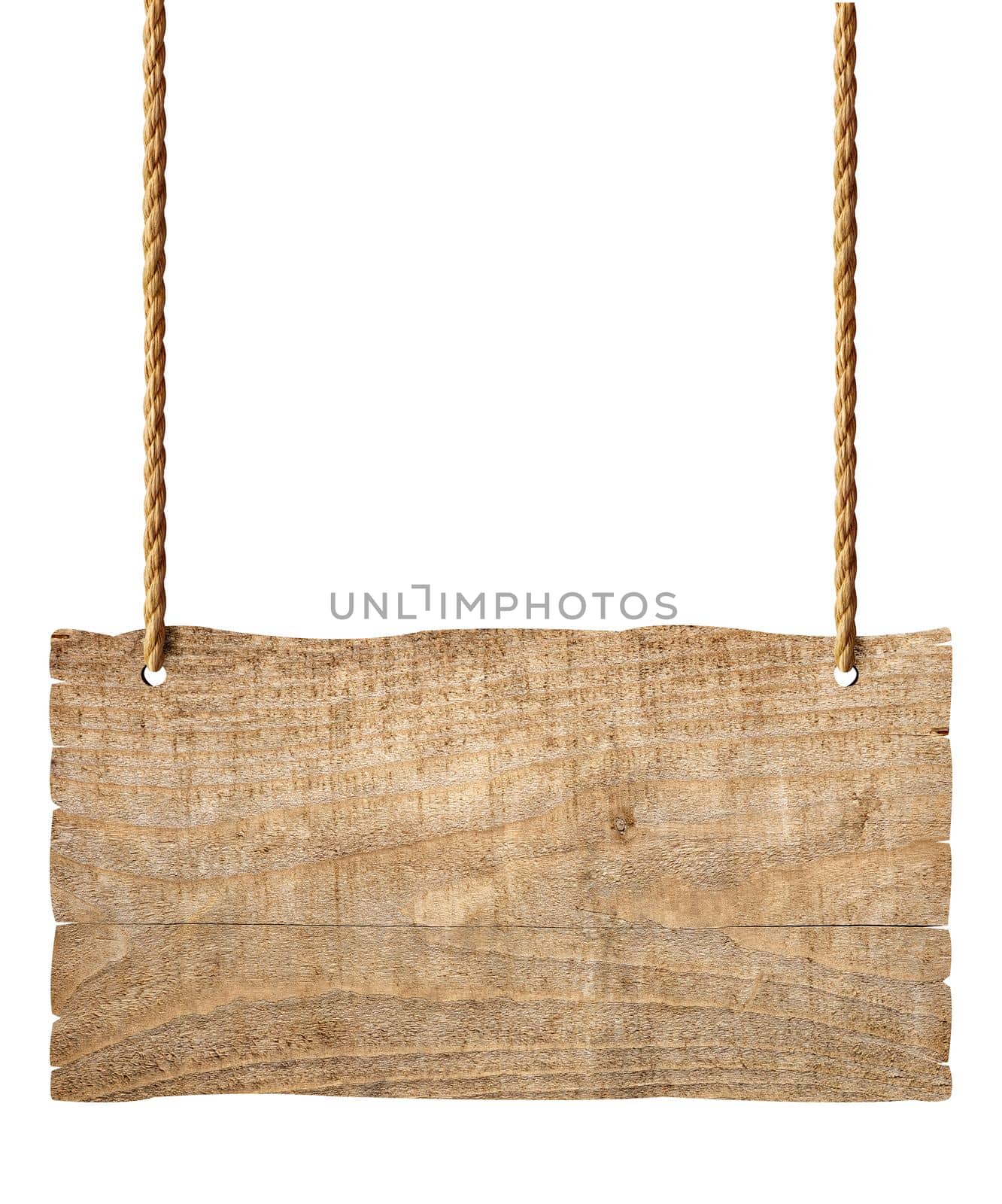 wooden blank sign hanging with chain and rope on white background