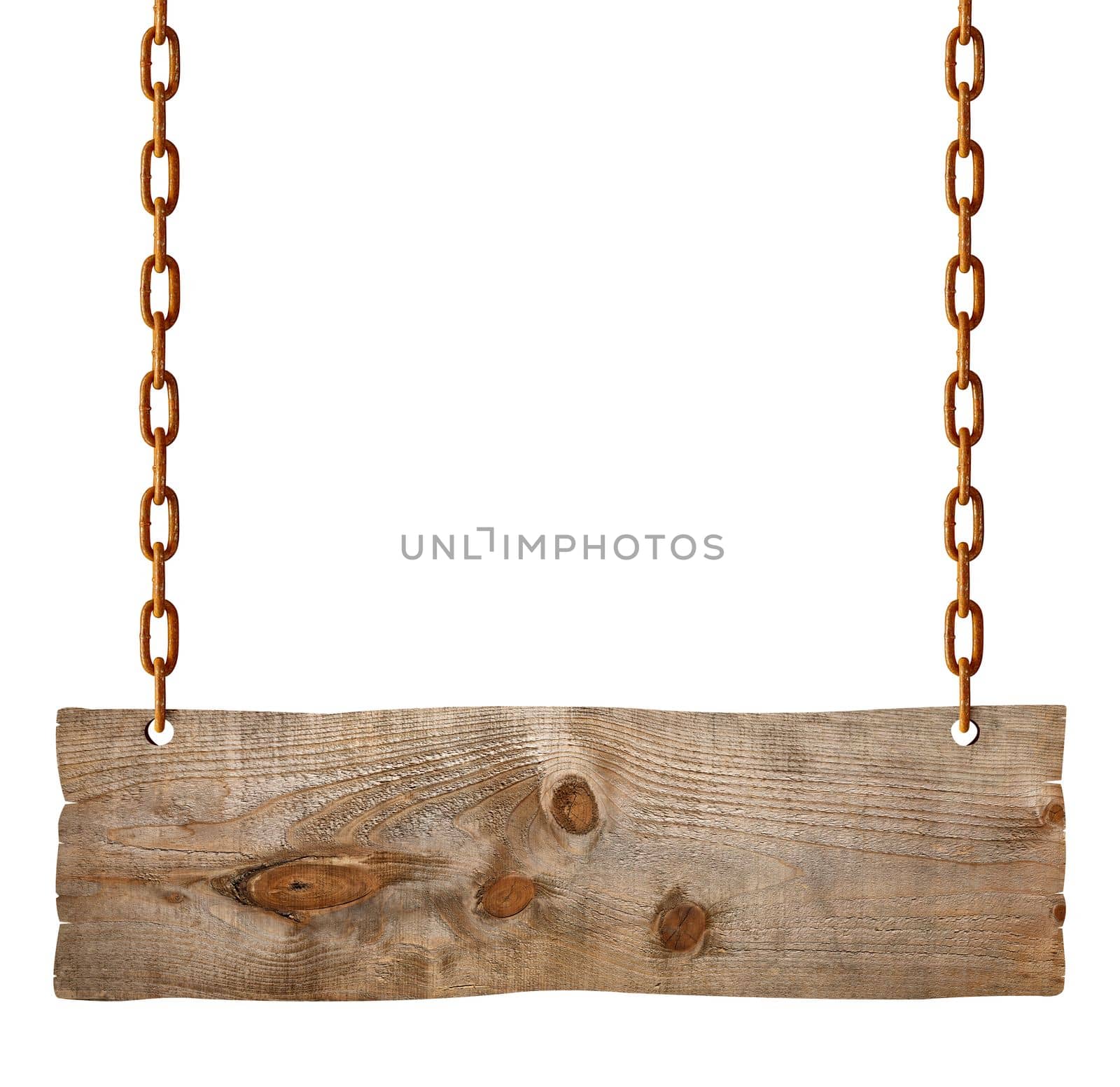 wooden blank sign hanging with chain and rope on white background