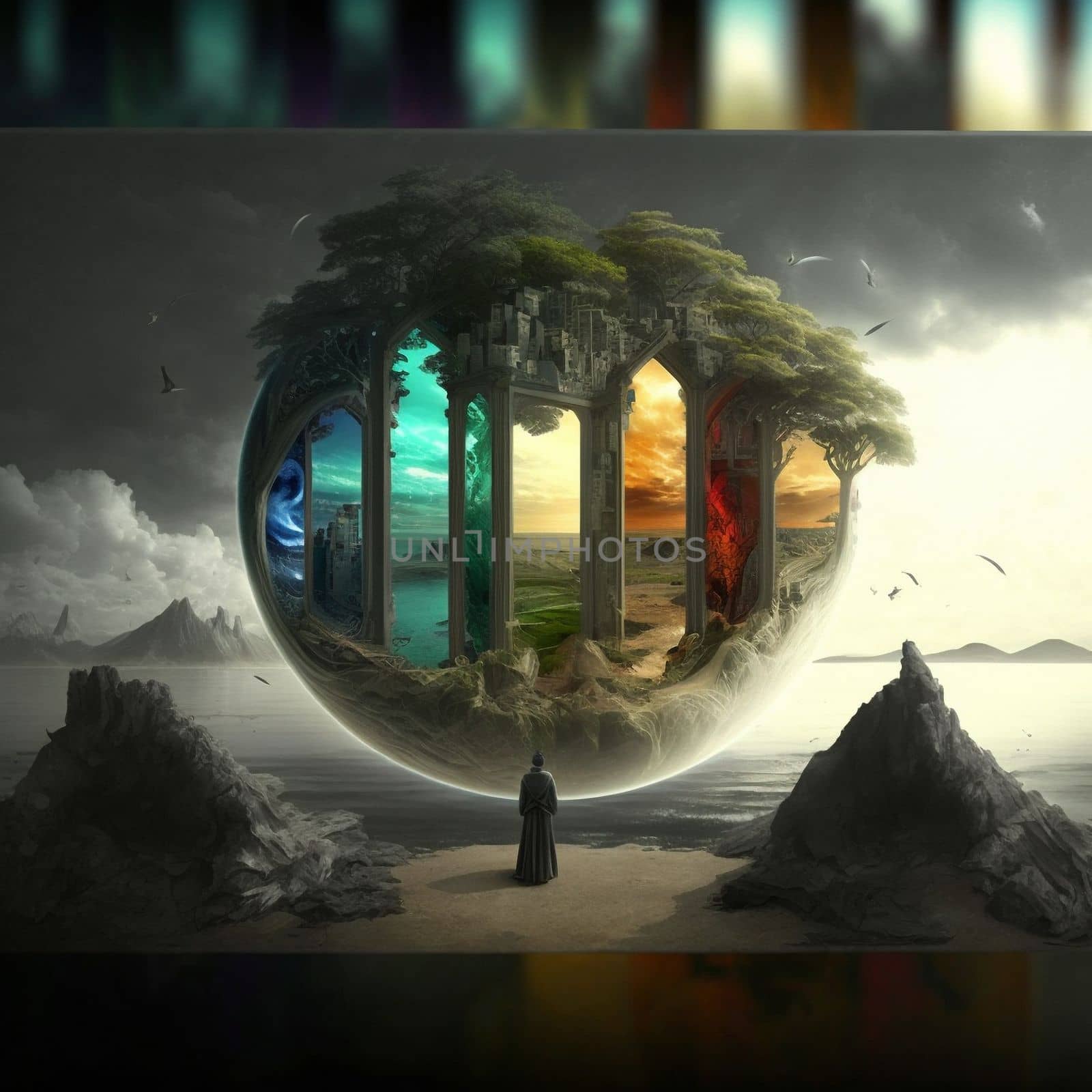 a wanderer between worlds stands in front of portals to other worlds by NeuroSky