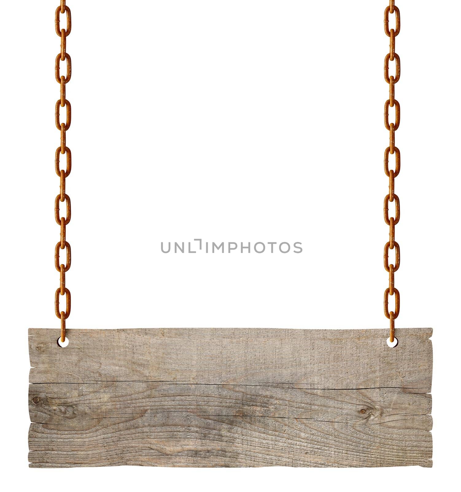 wooden blank sign hanging with chain and rope on white background