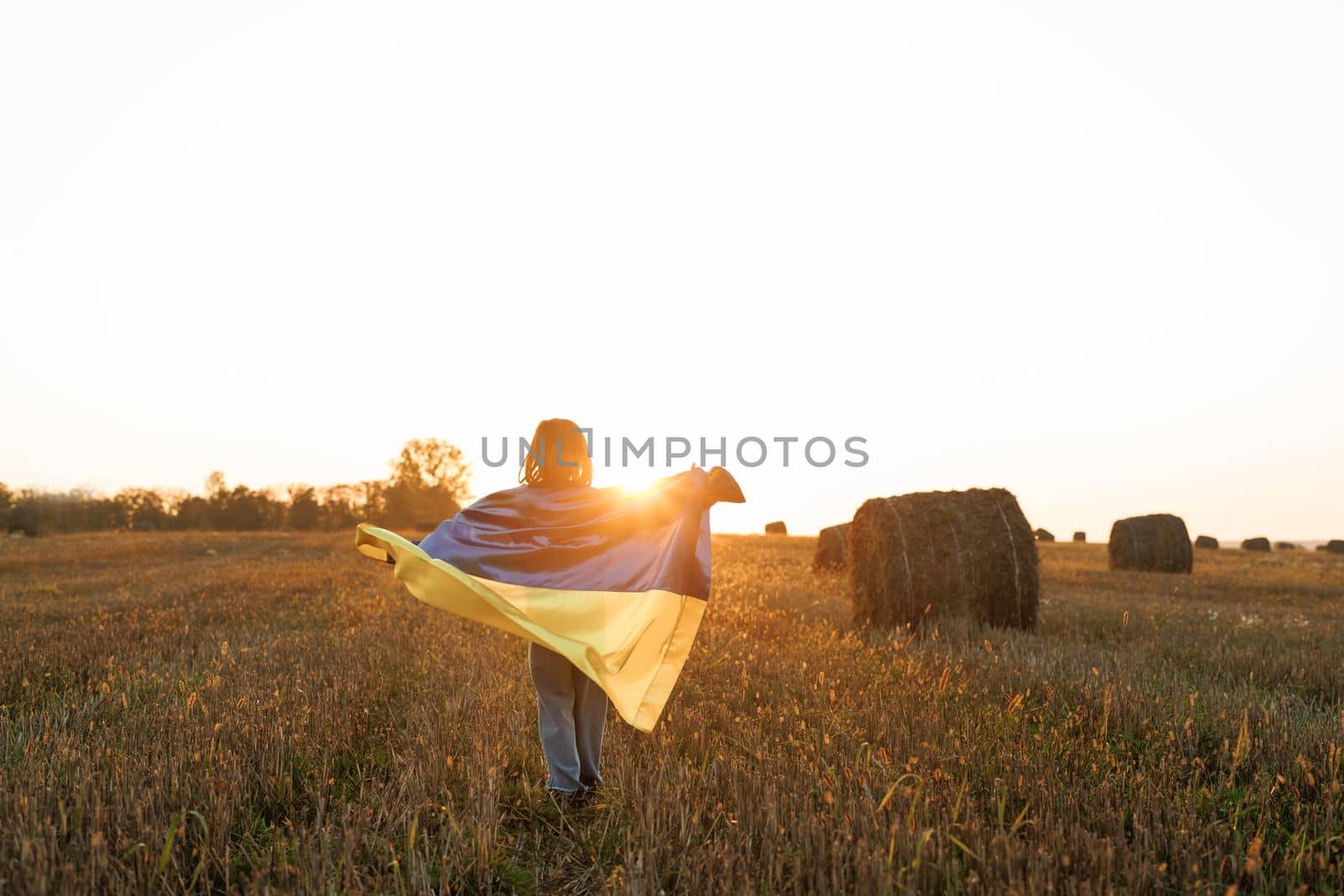 Back view of Ukrainian girl with a yellow-blue flag stands in a field. Symbols of Ukraine, patriotism, Independence Day and other holidays. Kid standing outdoors at sunset.