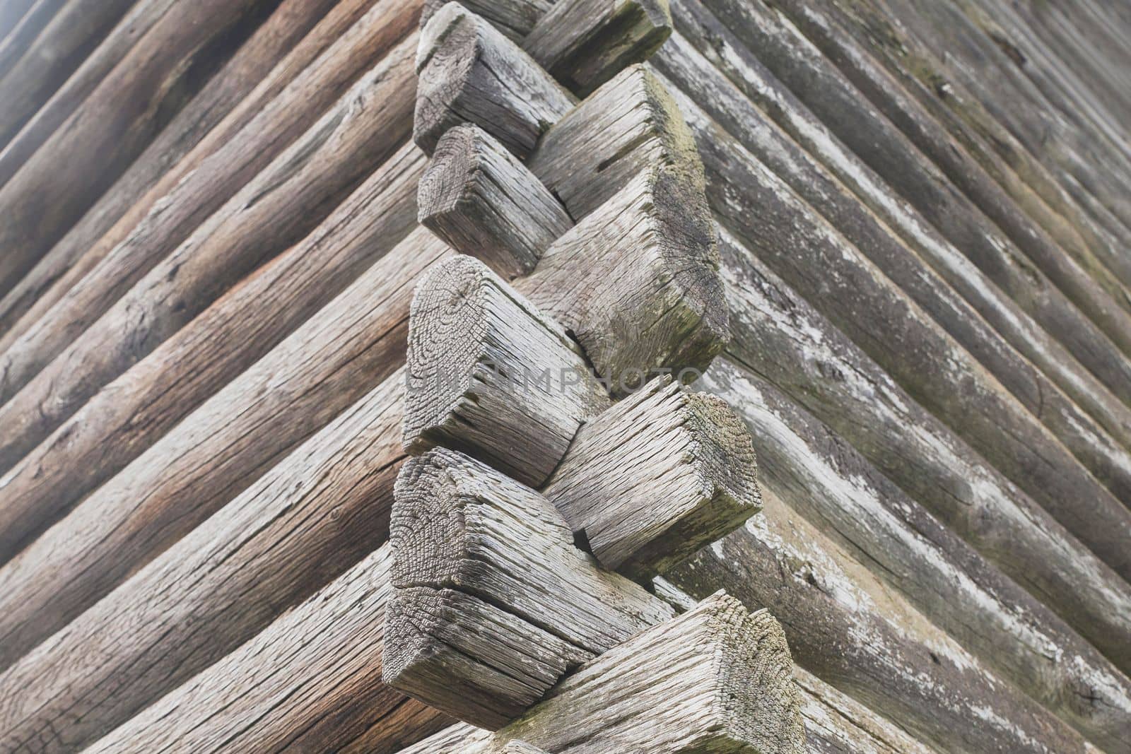 corner of an old log cracked hut.