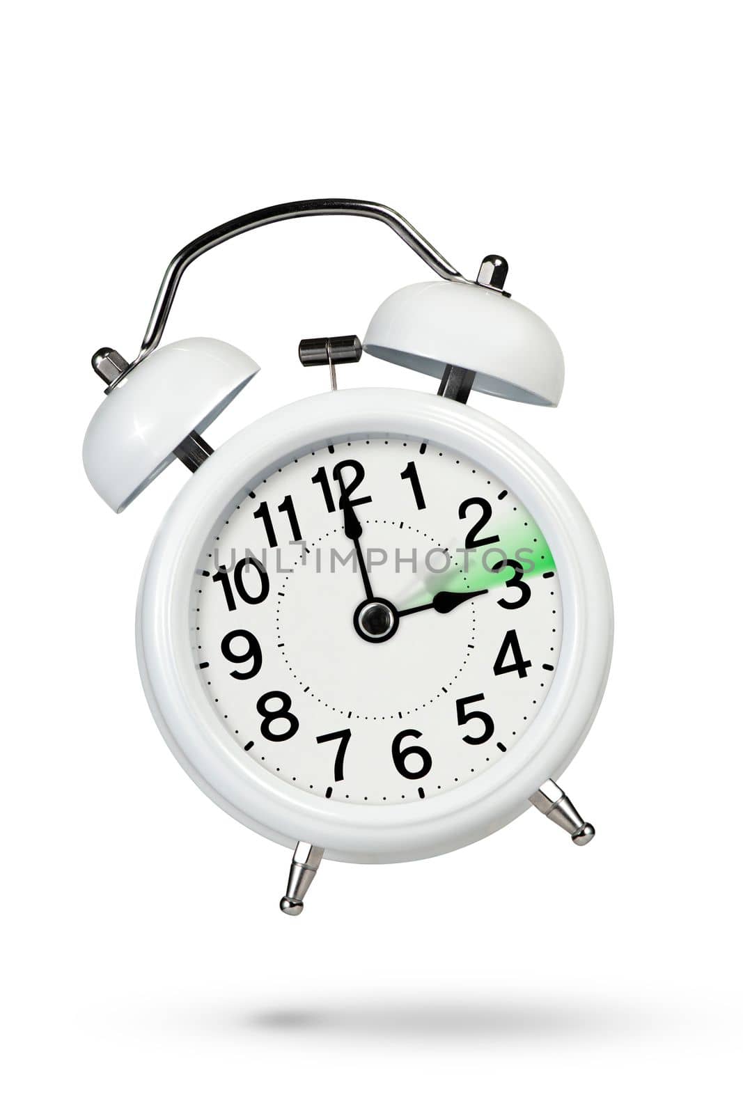 Change time. Summer time concept isolated on white background. A white alarm clock with a minute hand indicates that the time has changed one hour ahead