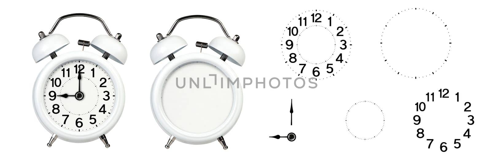 alarm clock without arrows. Empty alarm clock with a set of numbers and arrows. White classic alarm clock on a white background without arrows and numbers, space to insert text or copy by SERSOL