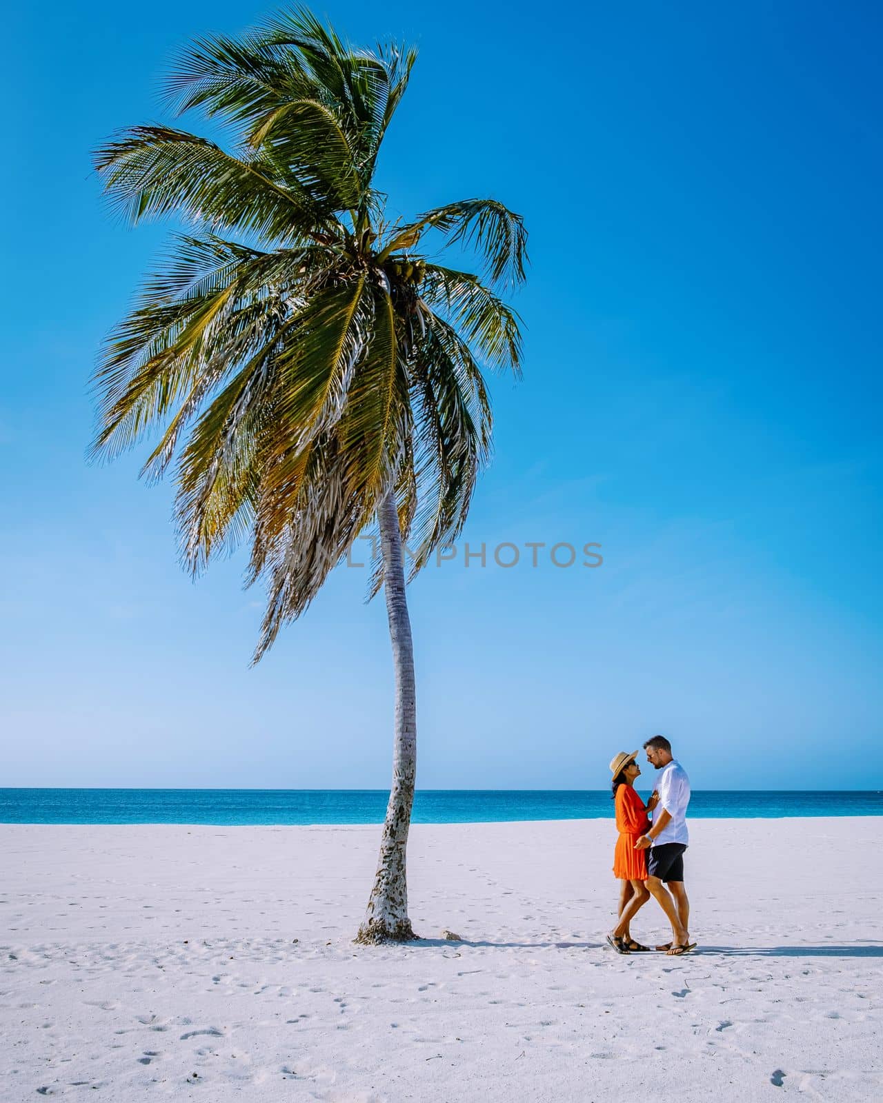 Couple men and women wit a Palm Trees on the shoreline of Eagle Beach in Aruba by fokkebok