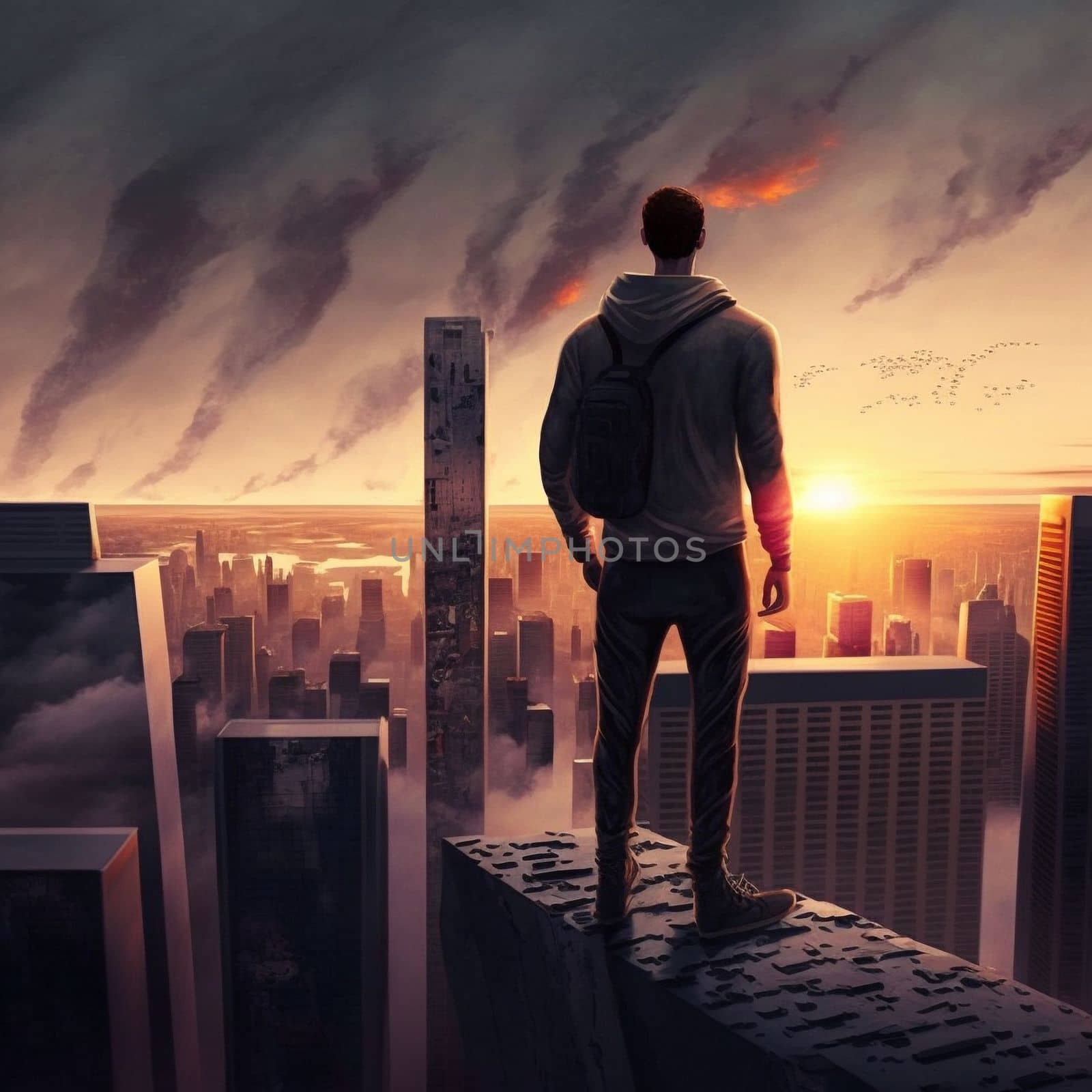 a man on top of skyscrapers looking at the city in the sunset rays by NeuroSky