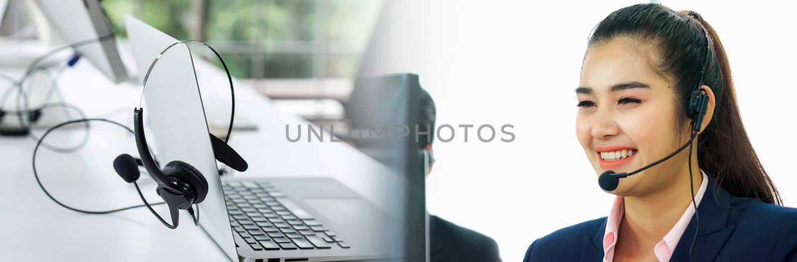 Business people wearing headset working in office in widen view by biancoblue