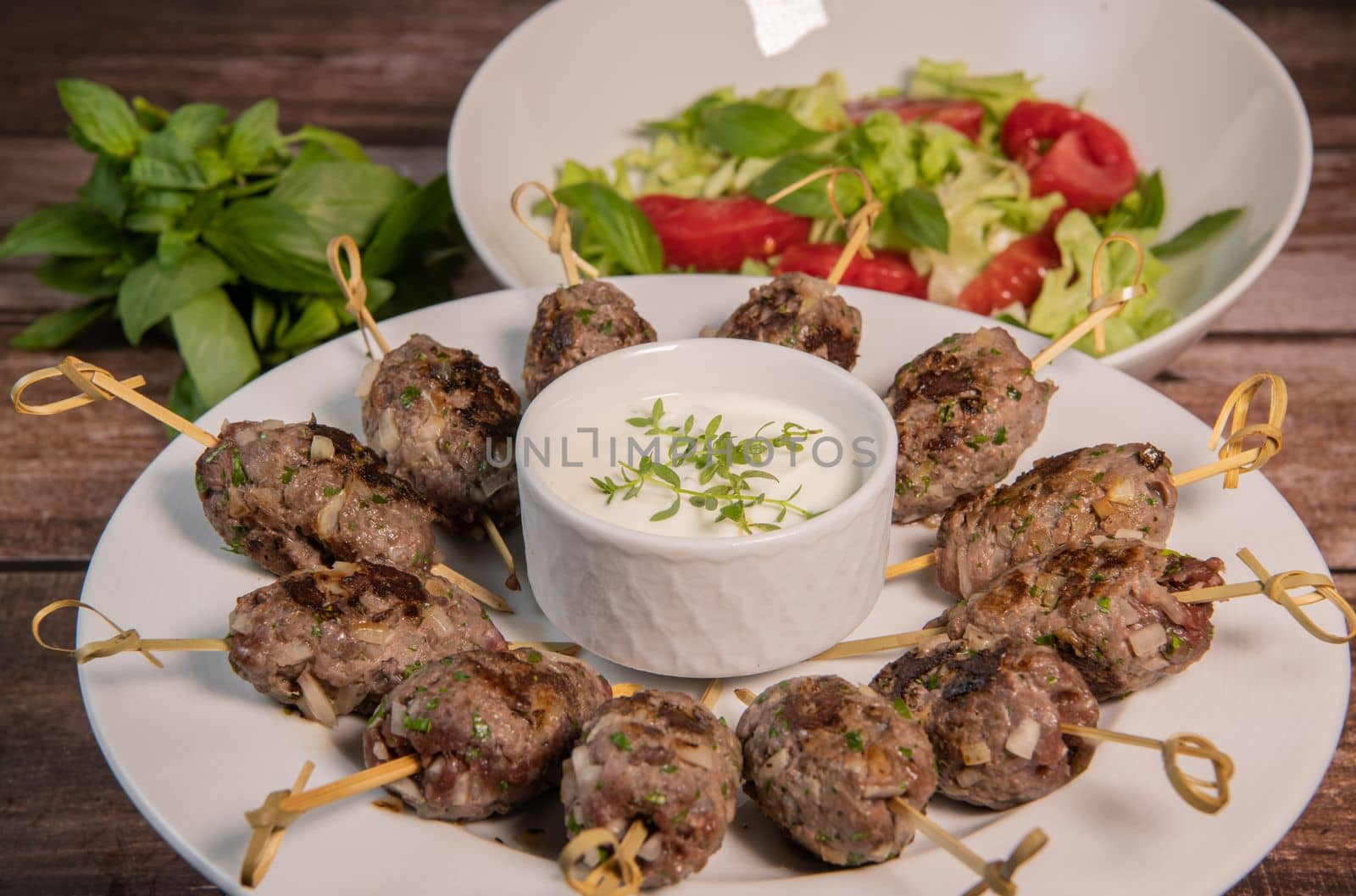 Recipe of kefta, beef skewer, Traditional homemade, with Greek yoghurt sauce, garlic, savory, Arabic and Libanese food, High quality photo