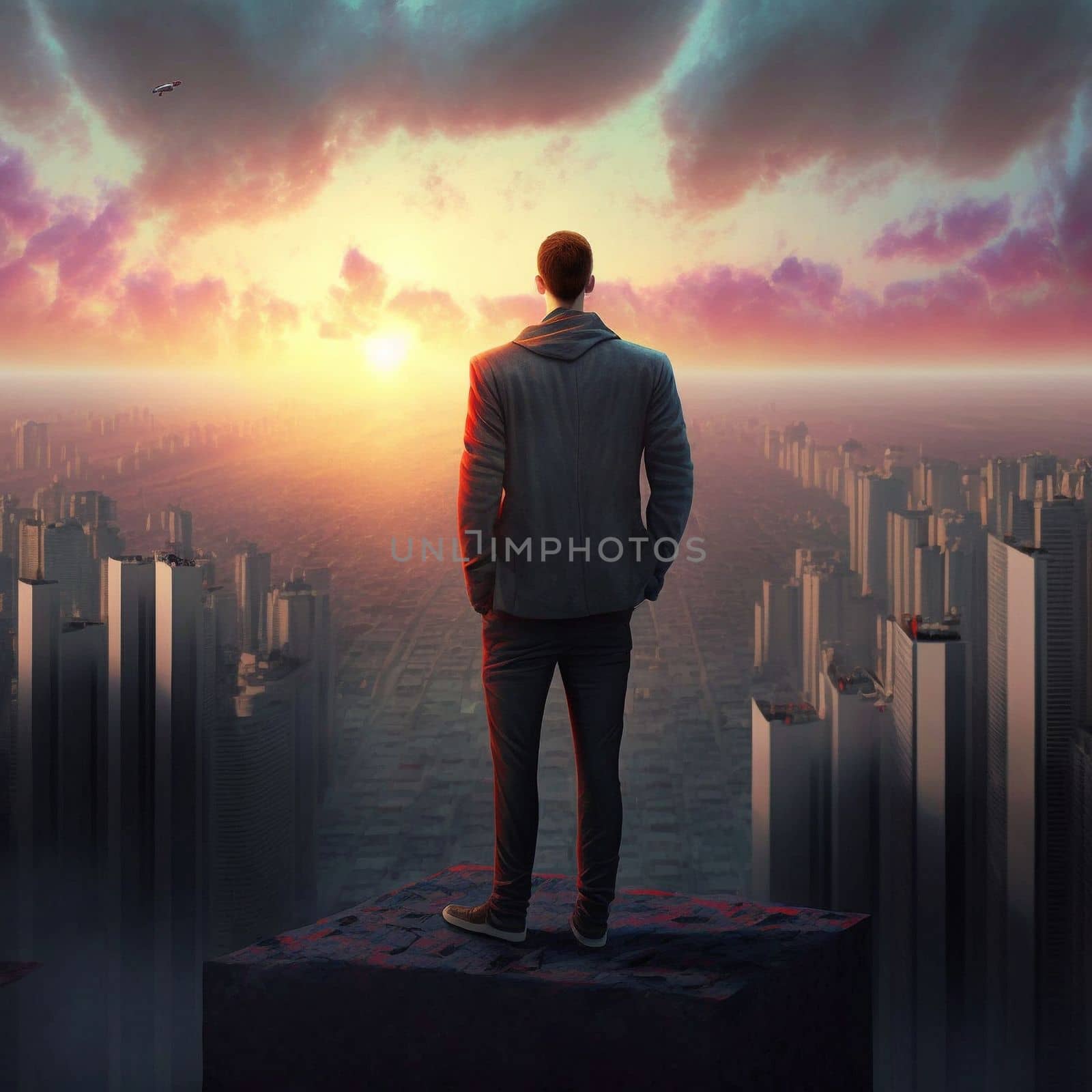 a man on top of skyscrapers looking at the city in the sunset rays. High quality illustration