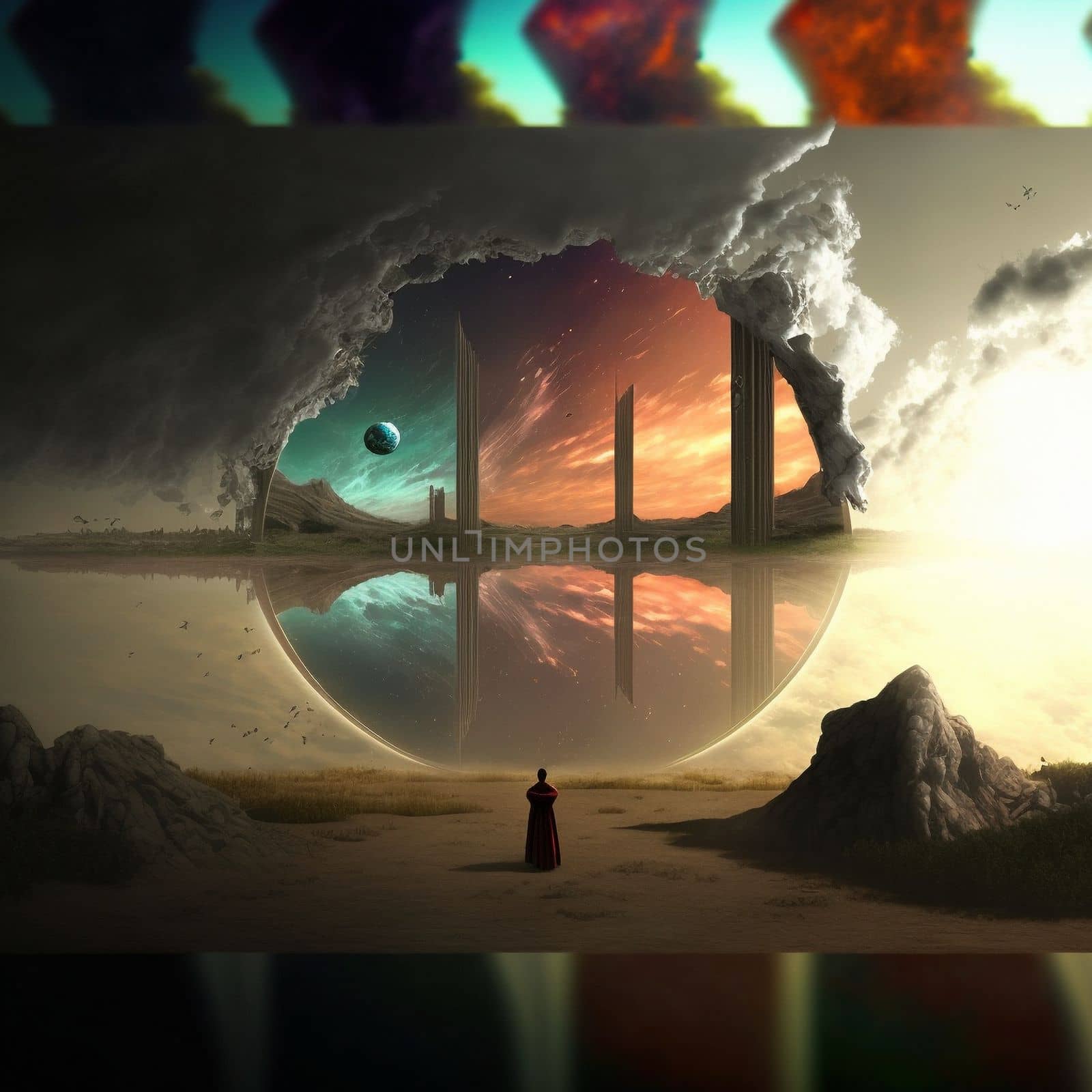 a wanderer between worlds stands in front of portals to other worlds by NeuroSky