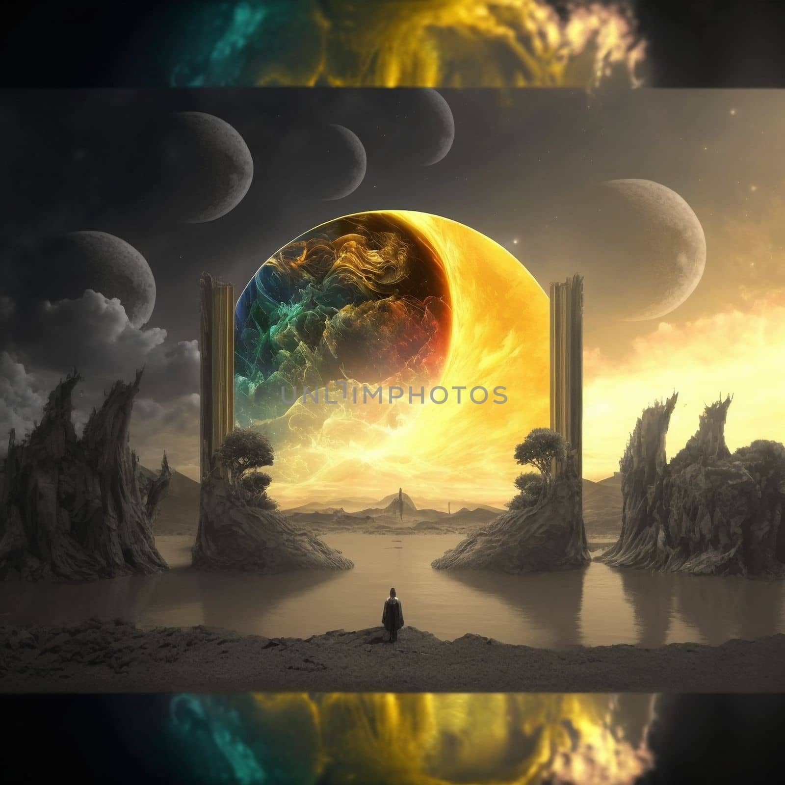 a wanderer between worlds stands in front of portals to other worlds by NeuroSky