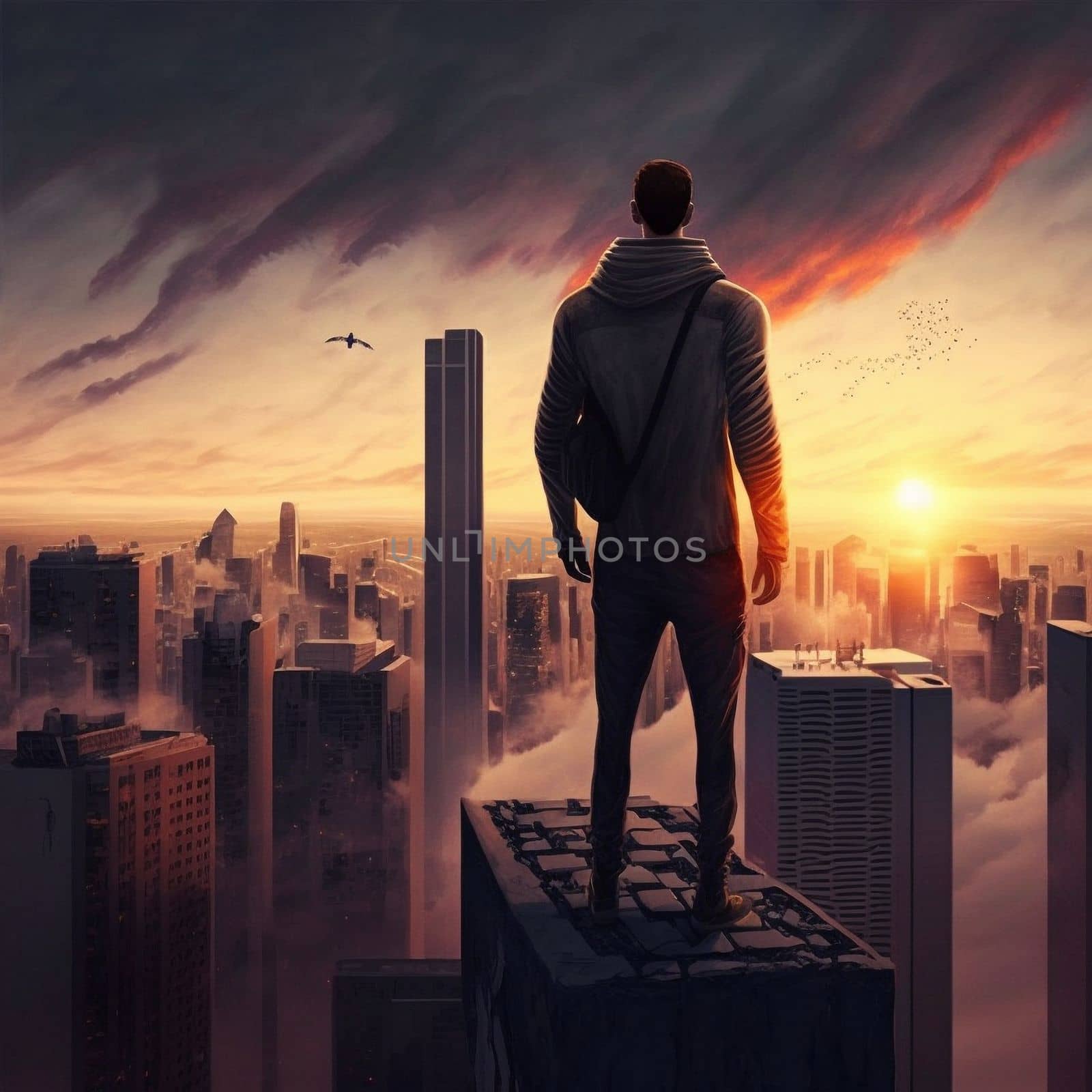 a man on top of skyscrapers looking at the city in the sunset rays by NeuroSky