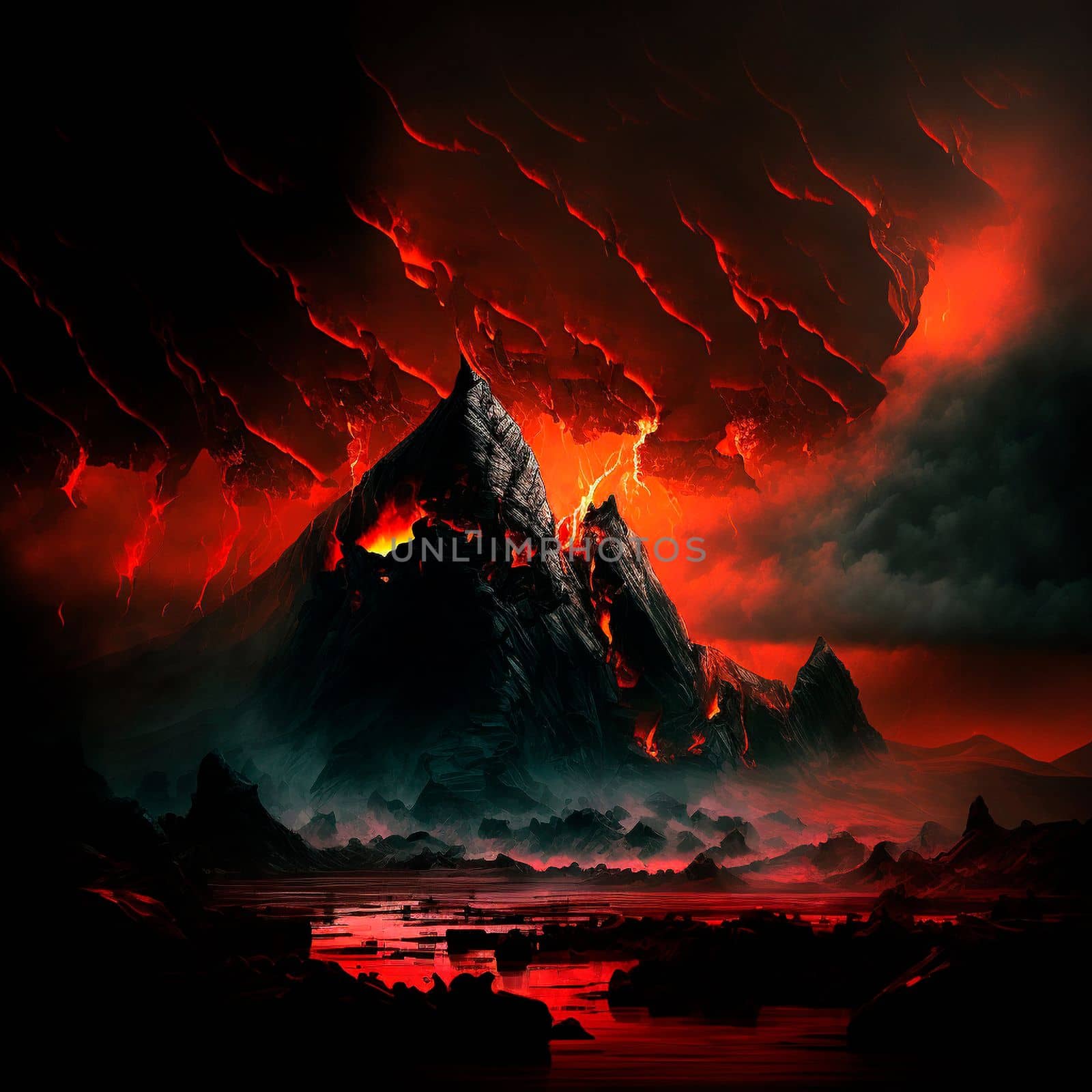 Red mountains, flashes and cracks on the surface. Gloomy sky. Magma and lava spread over the mountains. Lava world collection. High quality illustration