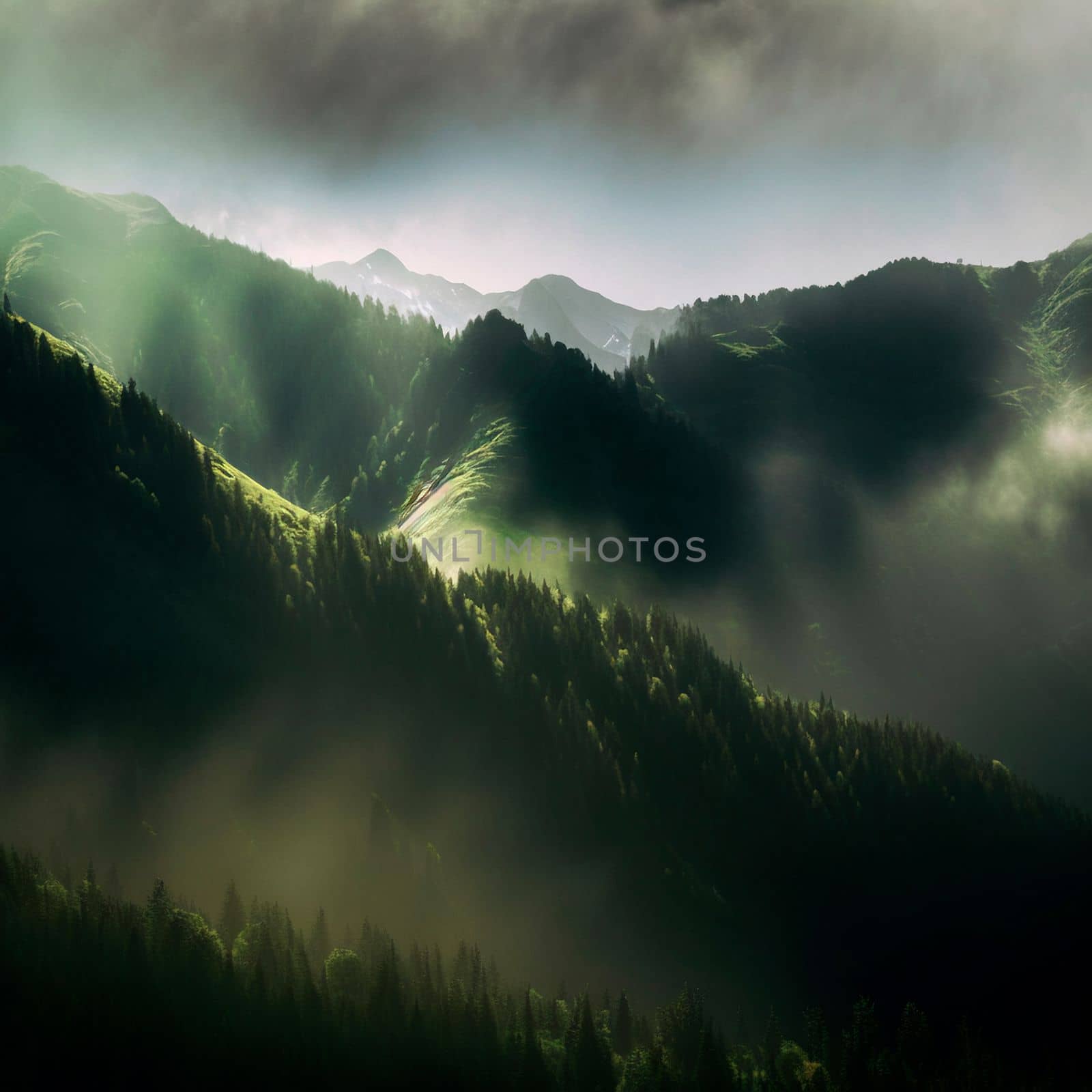 Green mountain range. Landscape of misty mountains by NeuroSky