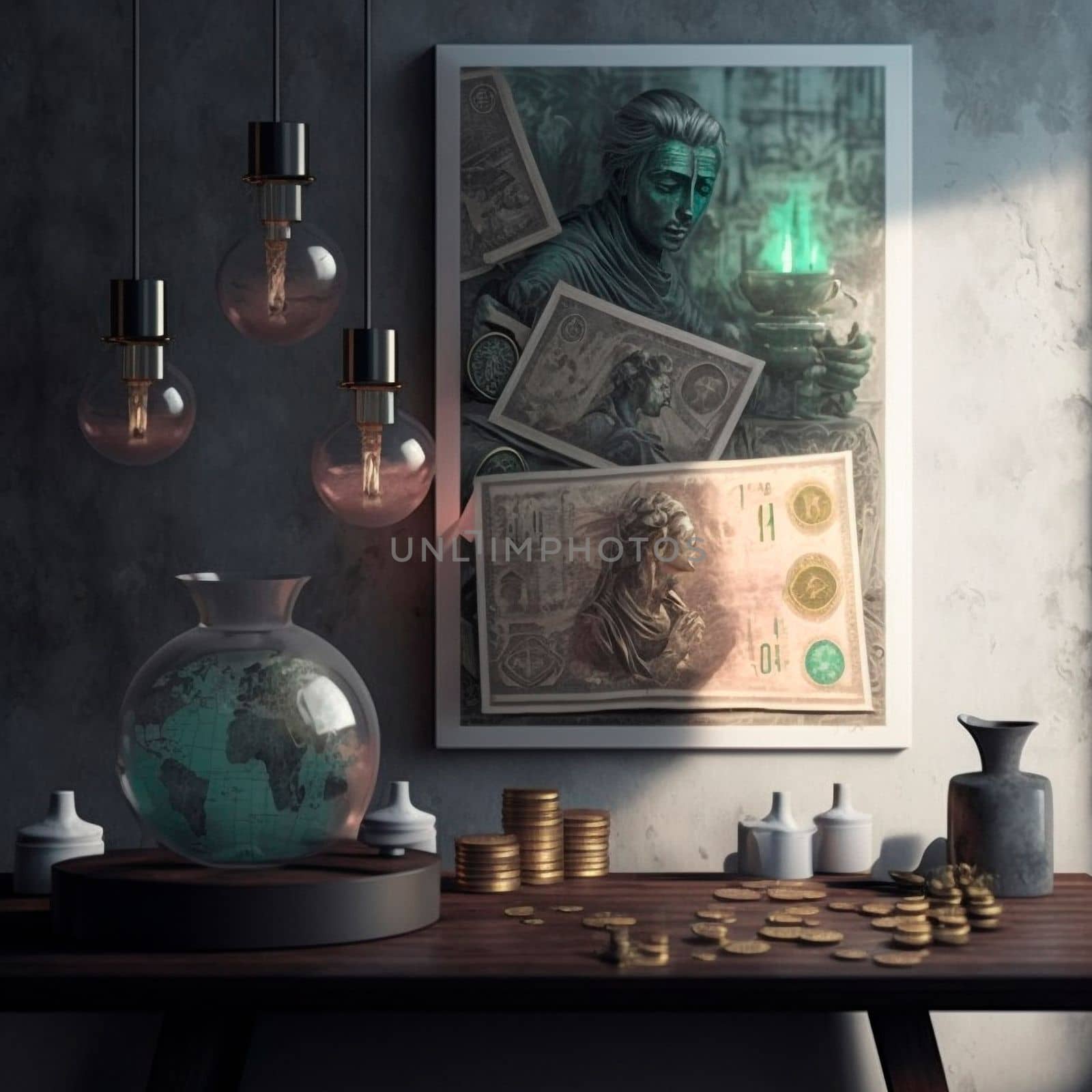 an old room with money and light bulbs on the table, a painting, bottles. High quality illustration