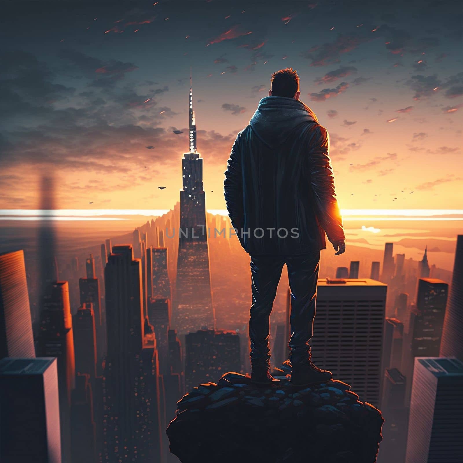 a man on top of skyscrapers looking at the city in the sunset rays. High quality illustration