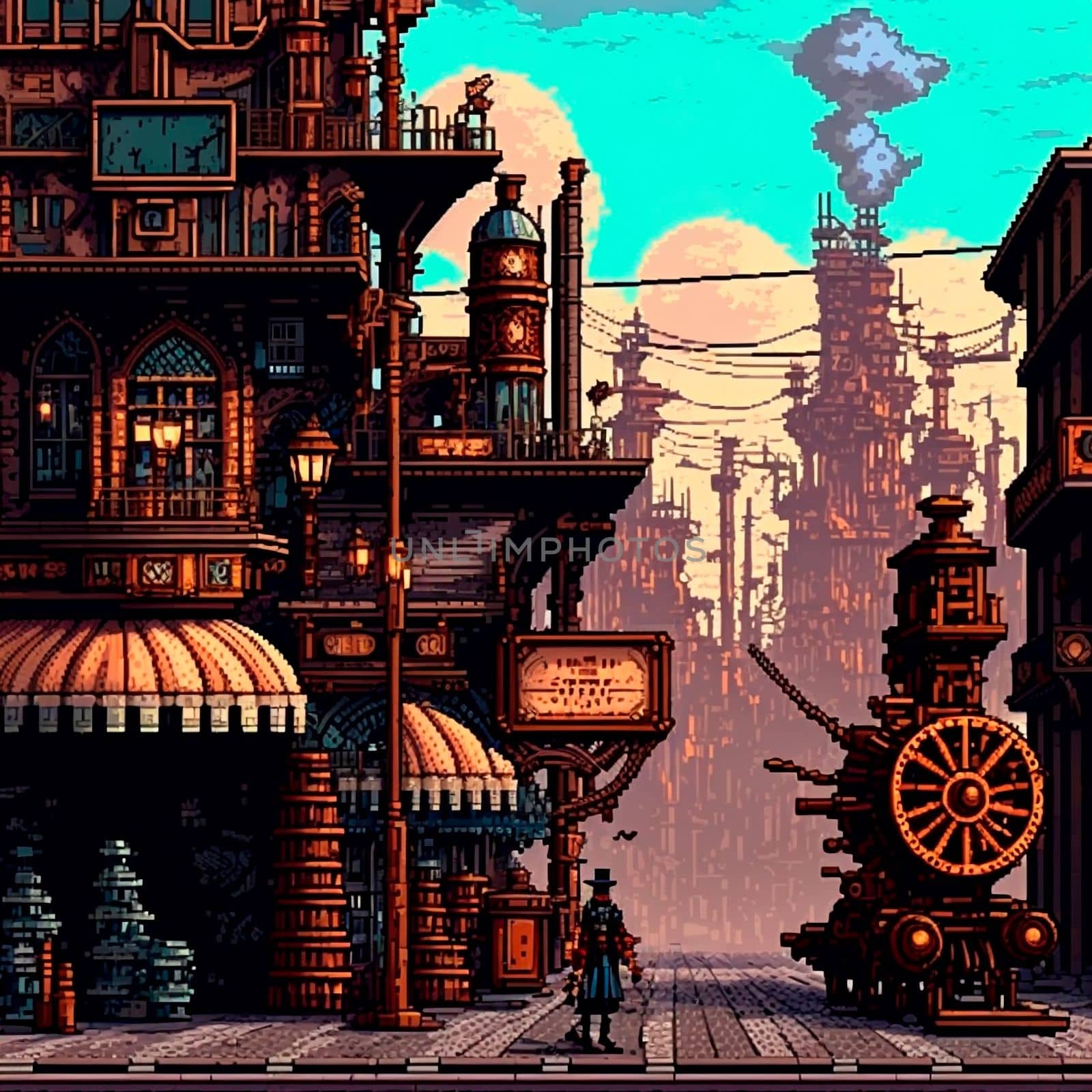 Cartoon image of a steampunk city stylized as pixelart. High quality illustration