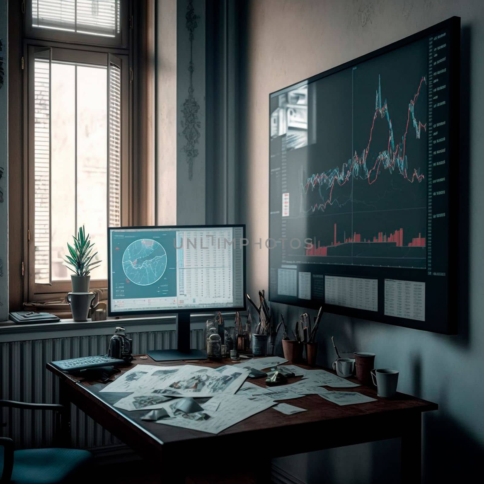 computer and screens with graphs in the office in retro style, graph analysis and world map. High quality illustration