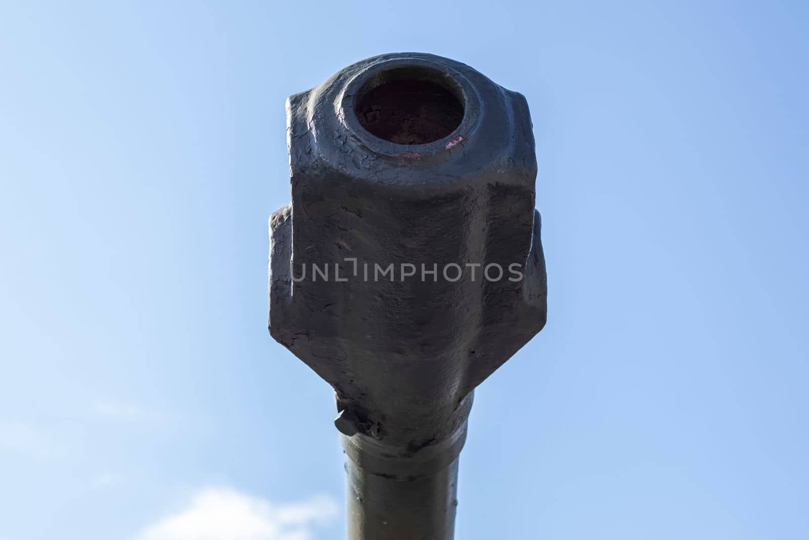 Soviet light amphibious tank PT-76. Object 740. Tank barrel, barrel against the sky. Tank gun. muzzle or flame arrester close-up