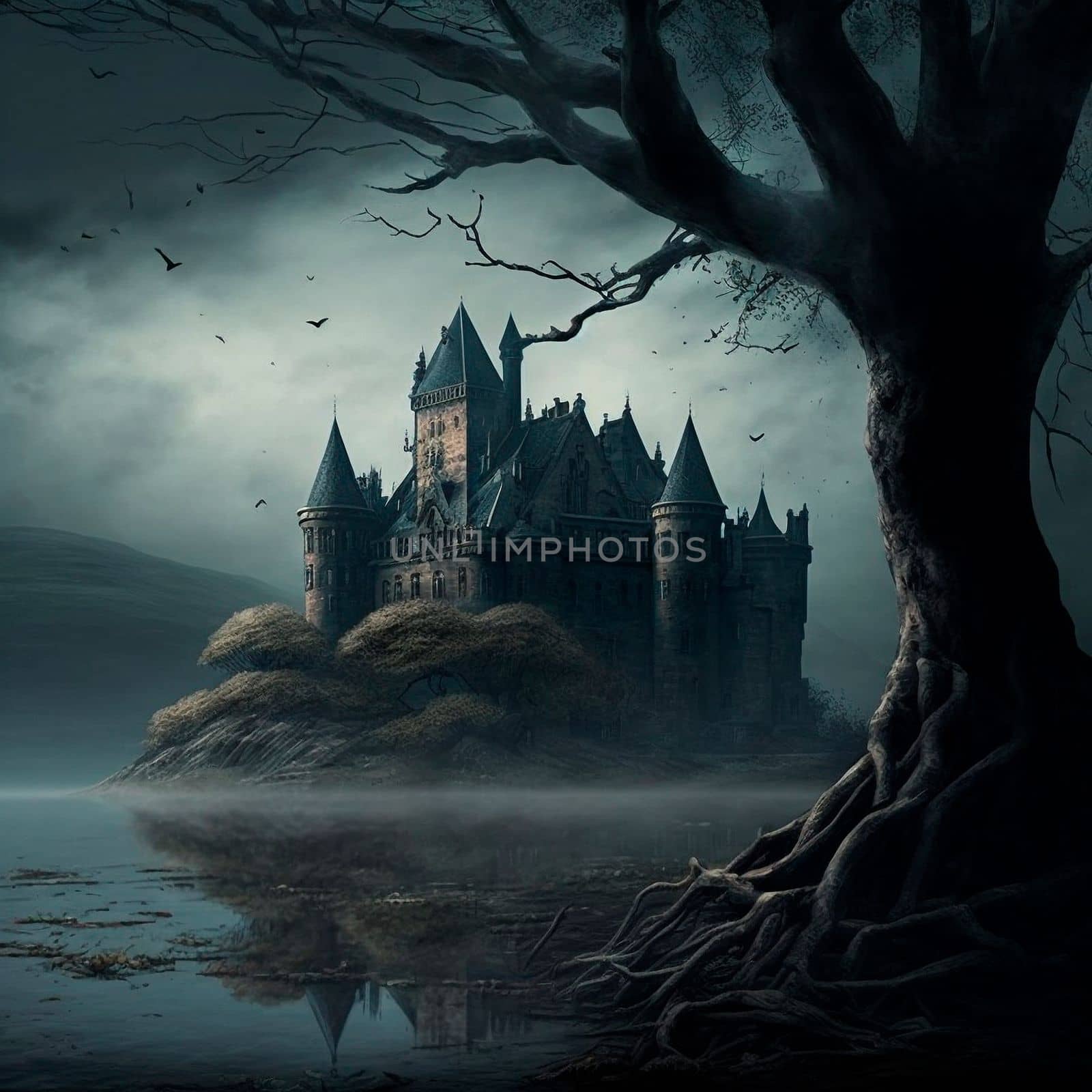 A gloomy mansion in gray tones. High quality illustration
