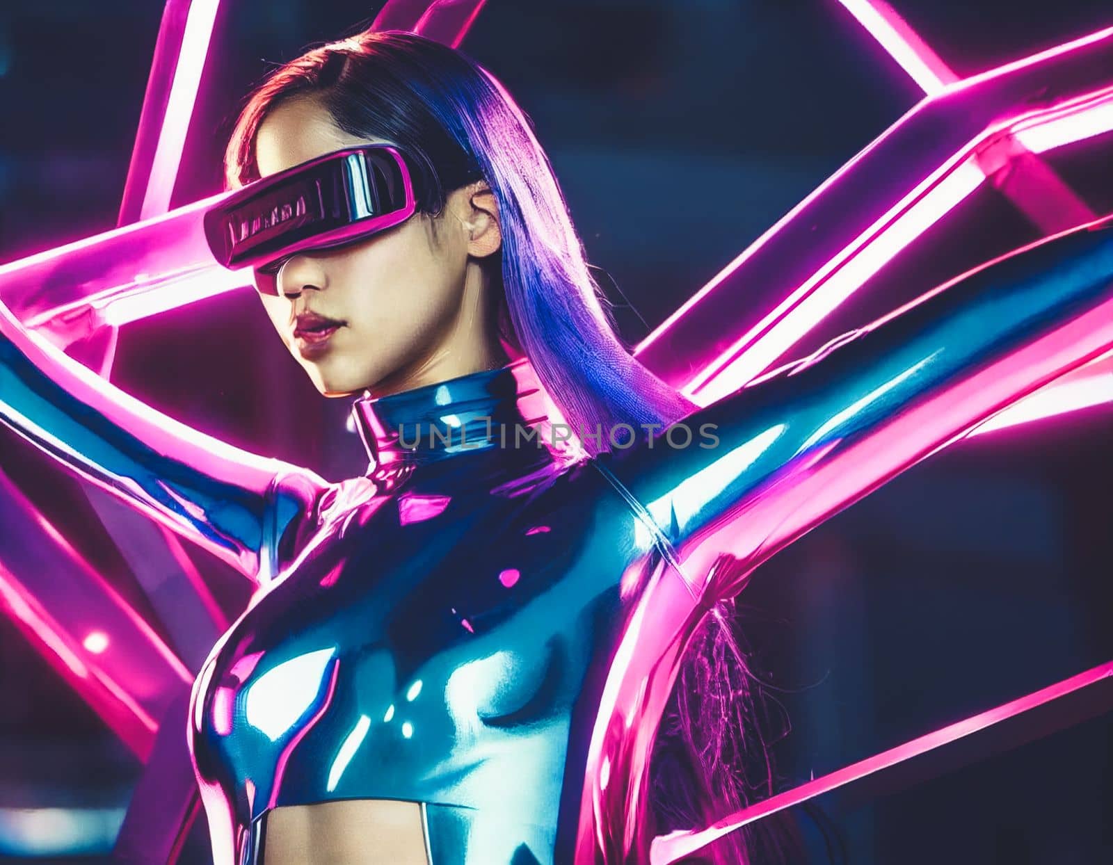 Splendid futuristic woman in cyberpunk world with VR headset portrait with glowing ultraviolet neon light ray. Digital art generative AI cybergirl in bodysuit with futuristic glowing VR headset.