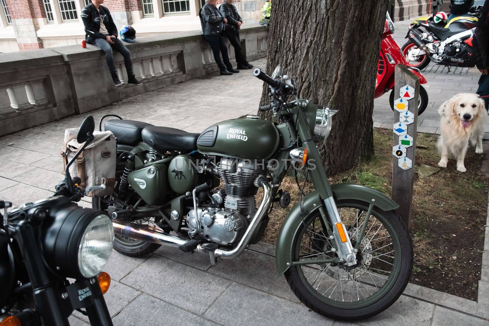 Genk, BELGIUM, August 18, 2021: classic show bikes in Thor Park, royal enfield green motorcycle, High quality photo