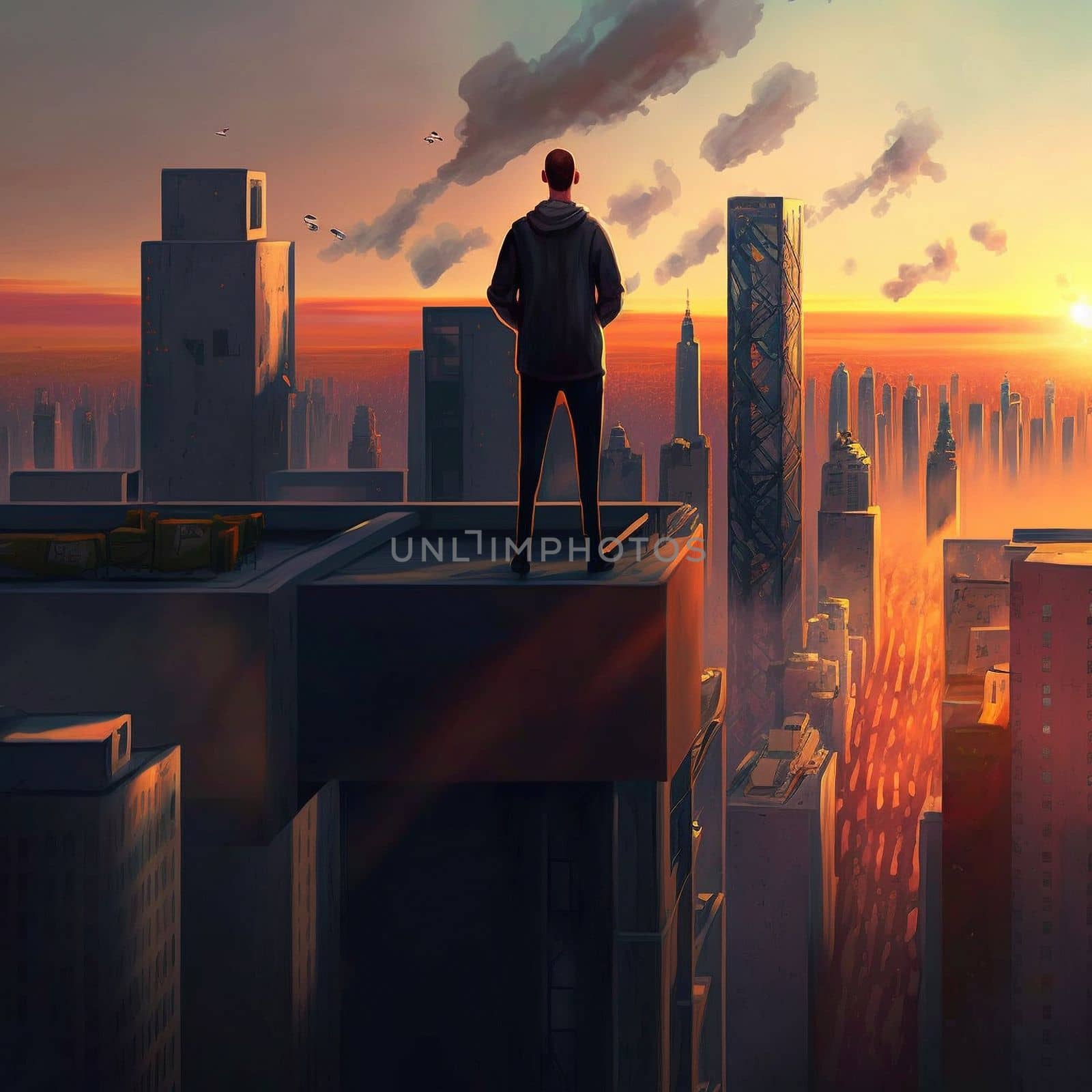 a man on top of skyscrapers looking at the city in the sunset rays. High quality illustration