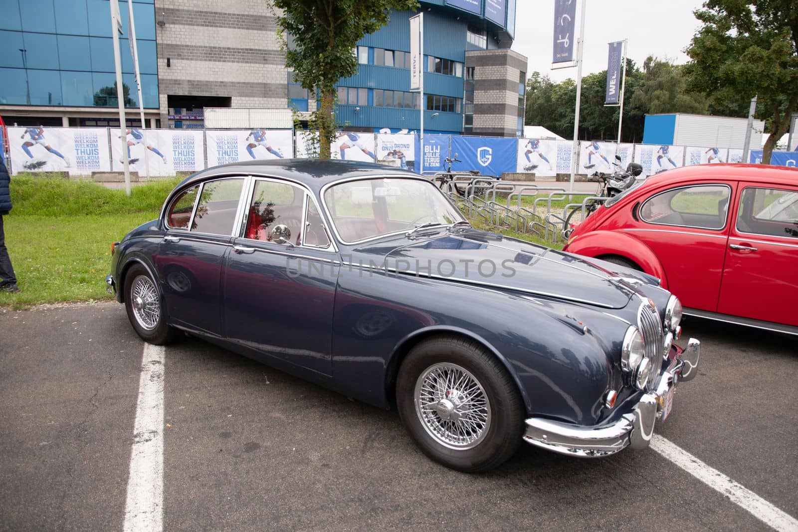 Genk, BELGIUM, August 18, 2021:classic summer meet of oldtimer, grey Jaguar 1950 by KaterinaDalemans